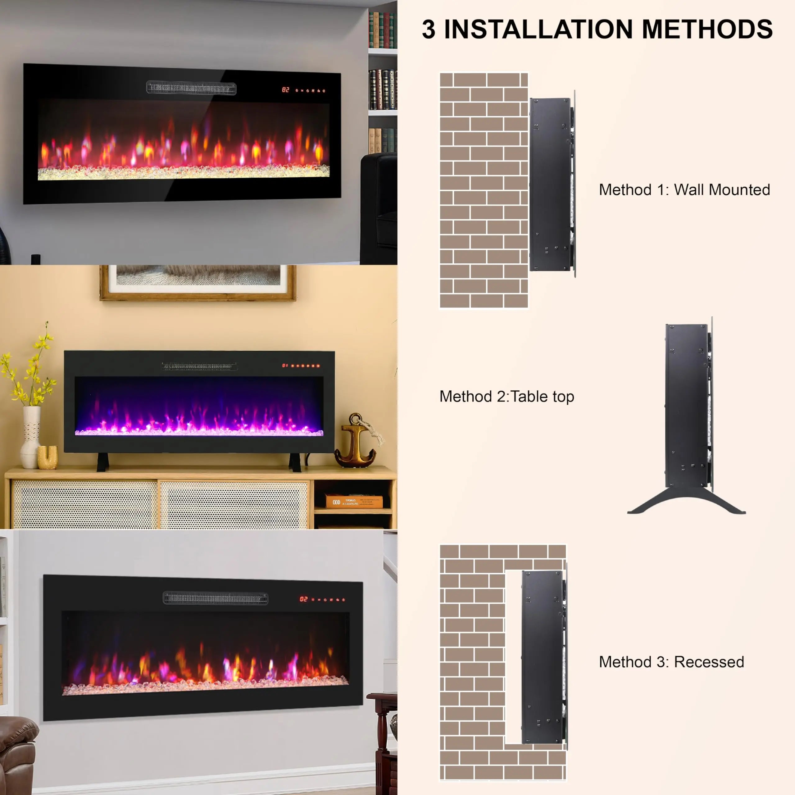 42 inch Electric Fireplace,Recessed Ultra Thin,Tempered Glass Front,Wall Mounted with Remote and Multi Color Flame & Emberbed, LED Light Heater QIHAI