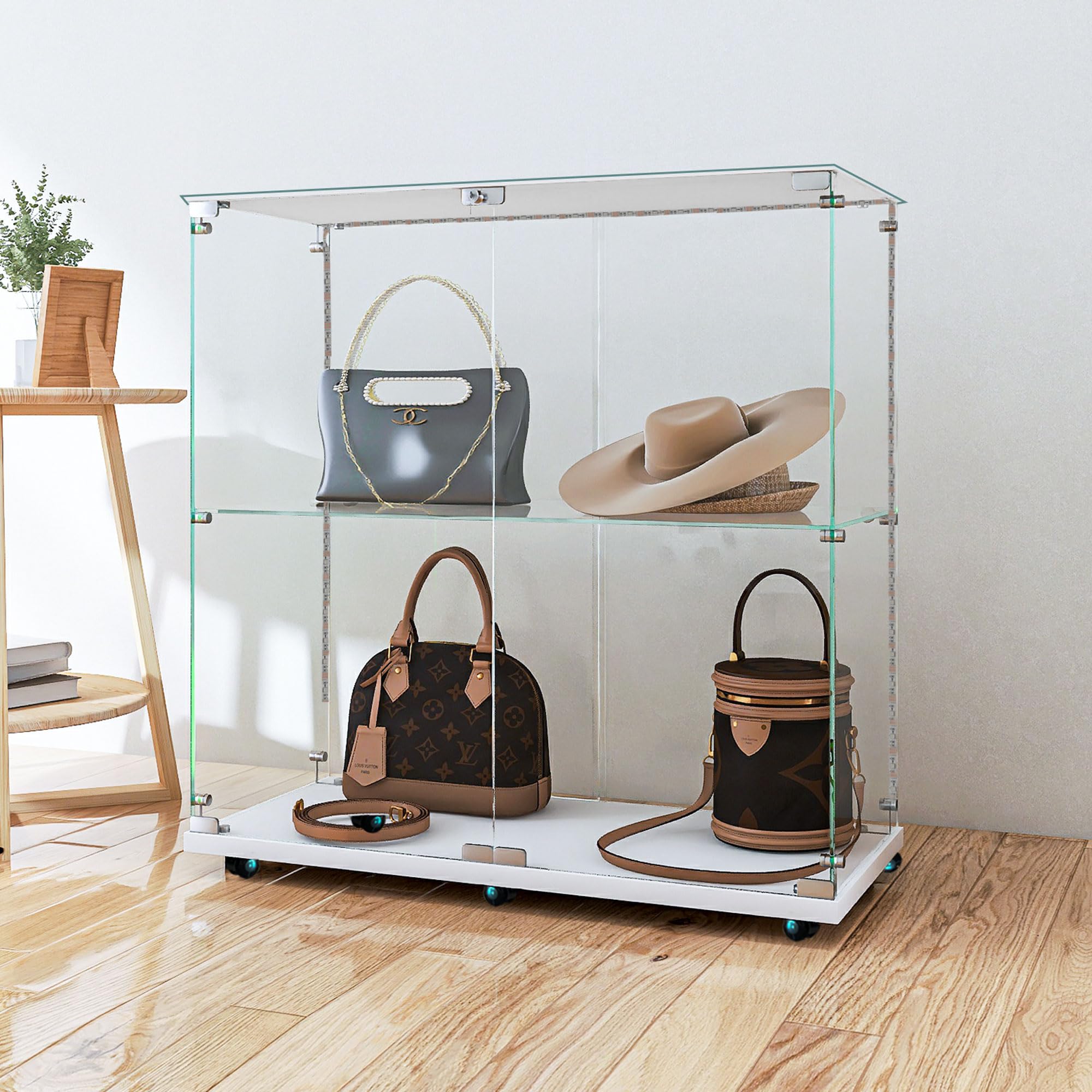2-Tier Glass Display Case with Lights,2 Doors Curio Cabinets with Lock,Glass Display Cabine with Universal Wheel for Living Room, Office (Black)