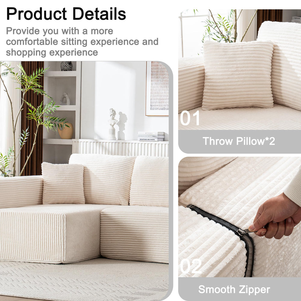 Living Room Wide Armchair Sofa, Modern Modular Recliner Sofa, L-Shaped Cloud Sofa, No Assembly Required, Corduroy Fabric, Soft and Comfortable (Foam + Gray + Corduroy + 3 Seat)