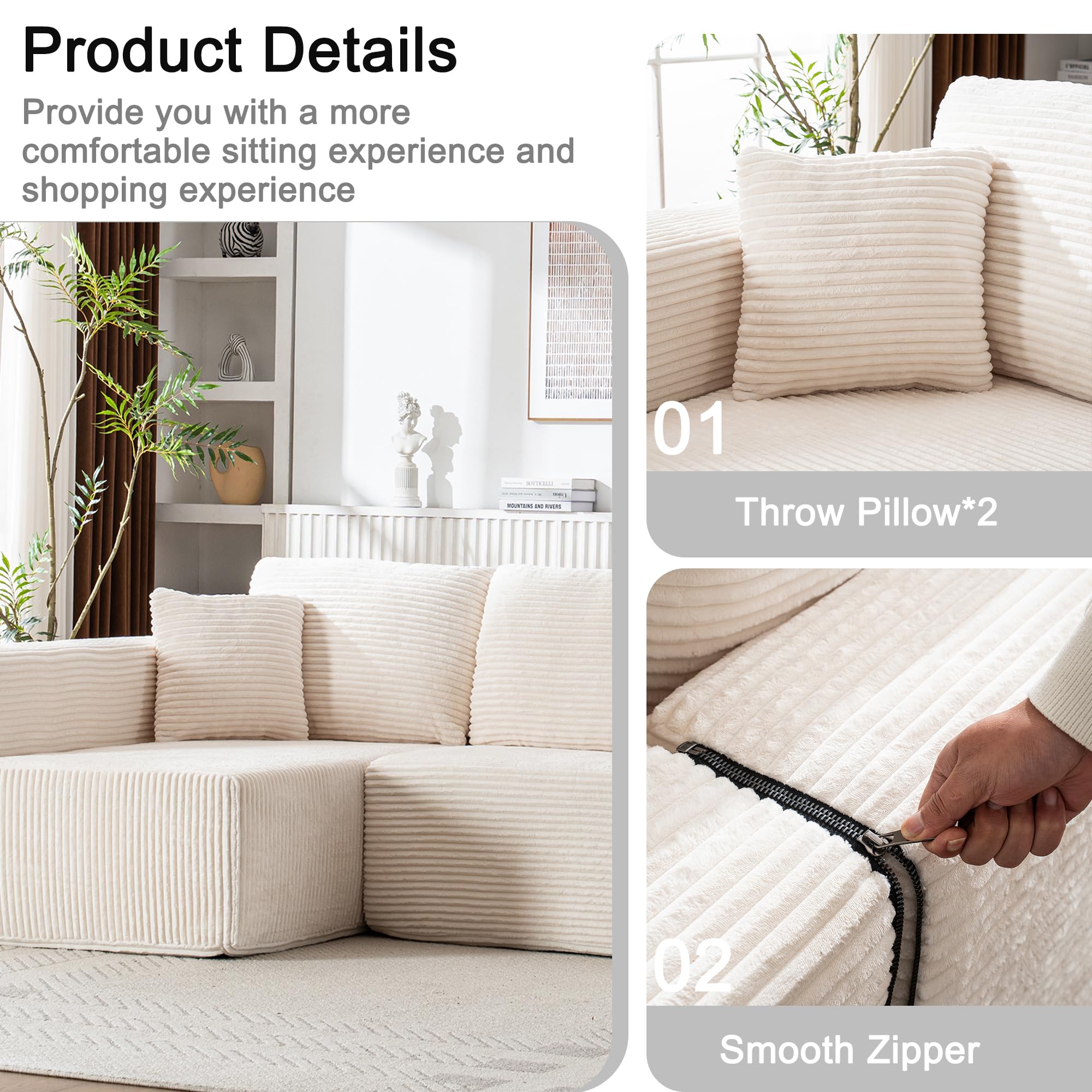 Living Room Wide Armchair Sofa, Modern Modular Recliner Sofa, L-Shaped Cloud Sofa, No Assembly Required, Corduroy Fabric, Soft and Comfortable (Foam + Gray + Corduroy + 3 Seat)