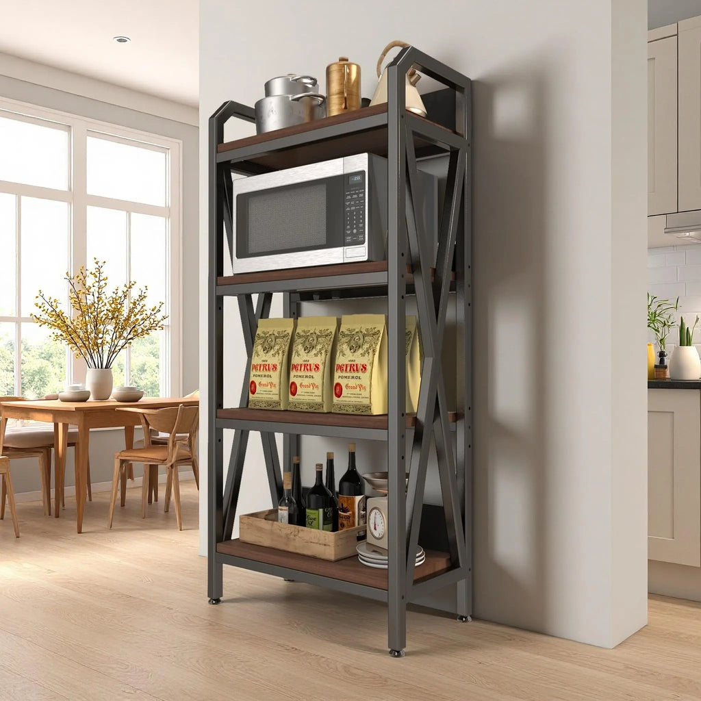 QIHAI 56.30'' Bakers Rack 4-Level Storage Shelves Metal and Wooden Kitchen Shelves, Kitchen Organizers and Storage, for Garage, Pantry, Bathroom, Closet (4-Tier 56.3" H x 33.5" W x 15.8" D) QIHAI