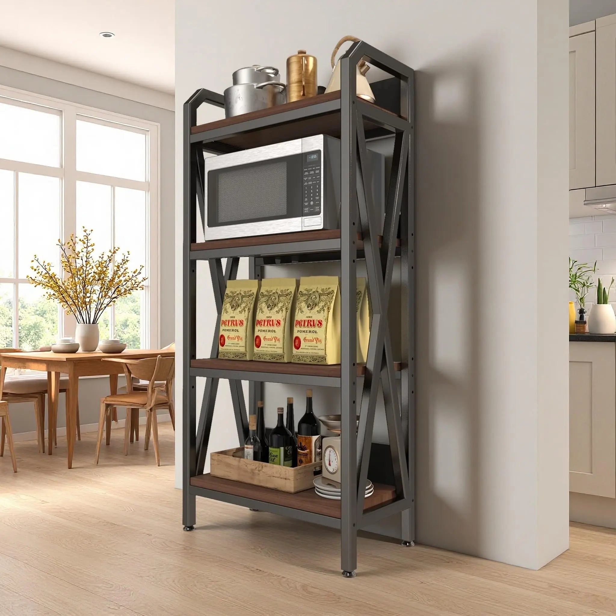 QIHAI 56.30'' Bakers Rack 4-Level Storage Shelves Metal and Wooden Kitchen Shelves, Kitchen Organizers and Storage, for Garage, Pantry, Bathroom, Closet (4-Tier 56.3" H x 33.5" W x 15.8" D) QIHAI