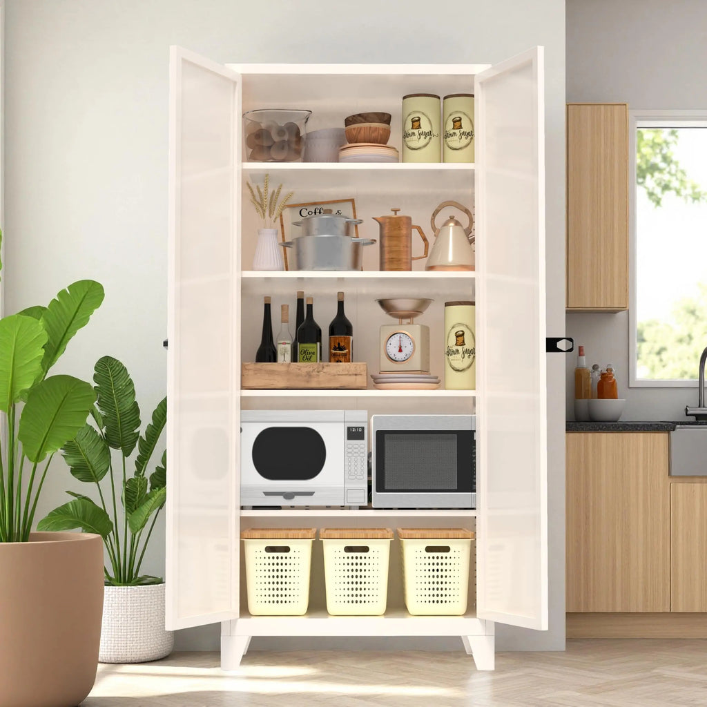 QIHAI 71'' 2 Shapely Doors Cabinet, Metal Storage Cabinet with Doors and Adjustable Shelves, for Kitchen, Dining Room, Living Room,White QIHAI