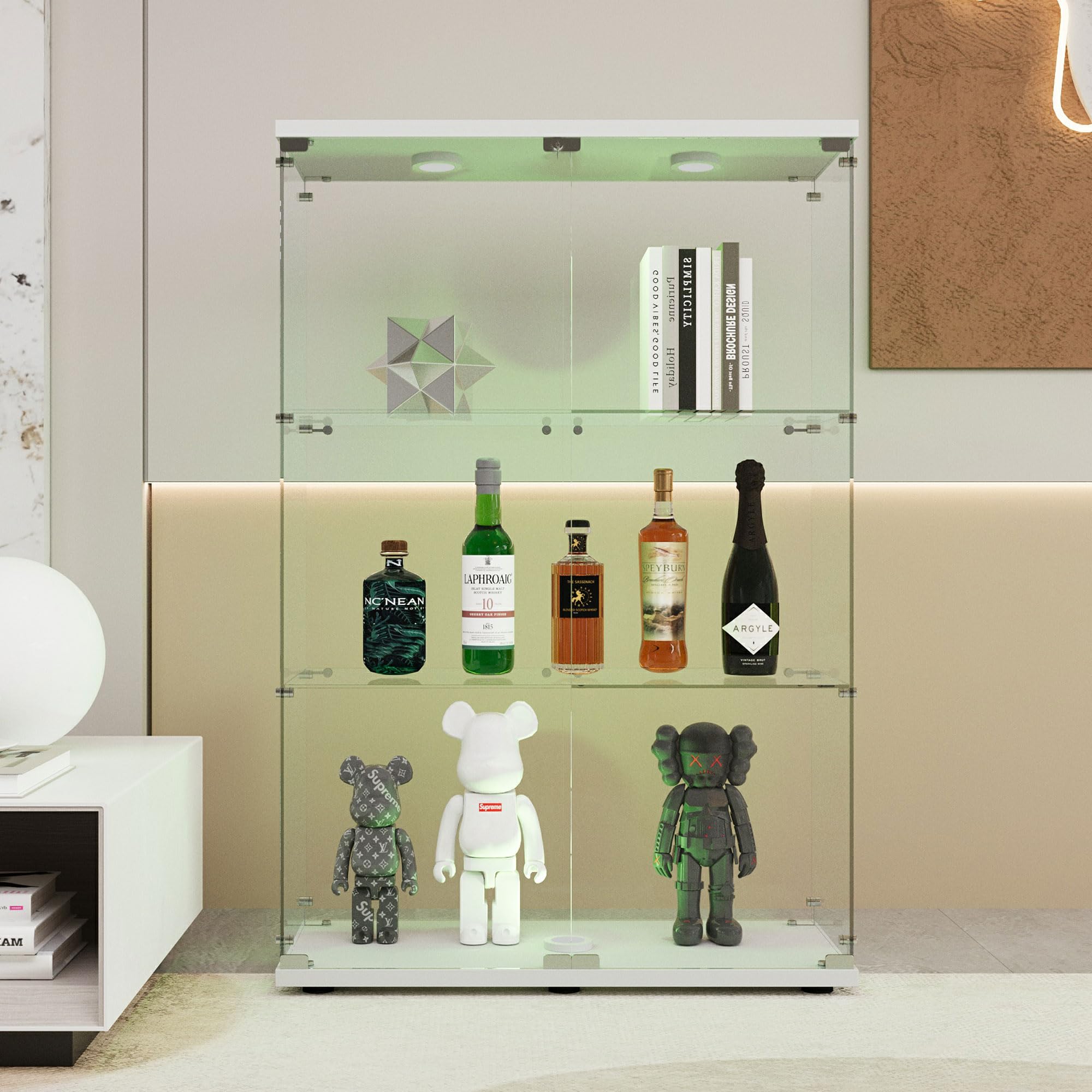 Glass Display Case with Lights,Tempered Glass Curio Cabinets with Glass Doors and Lock,Glass Display Cabinet for Bedroom, Living Room,Kitchen (White, 2 Door-5 Tier)