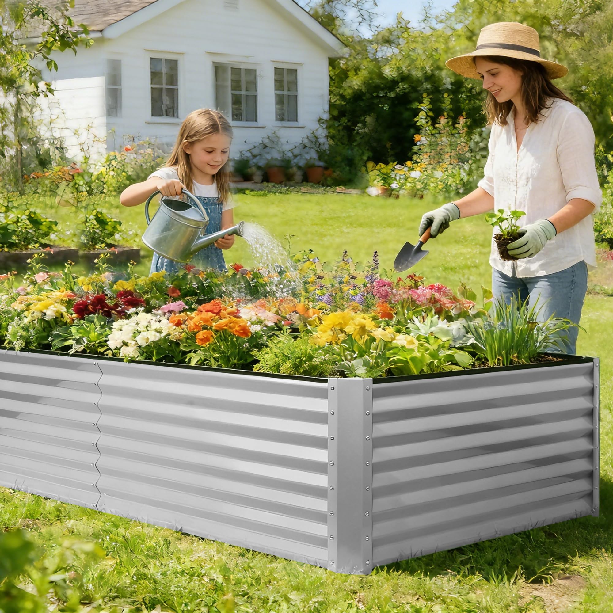 8×4×2 FT Galvanized Planter Box, Raised Garden Bed, Outdoor Above Ground Planter Extra Large Garden Box Kits for Vegetables, Flowers, Herbs (White)