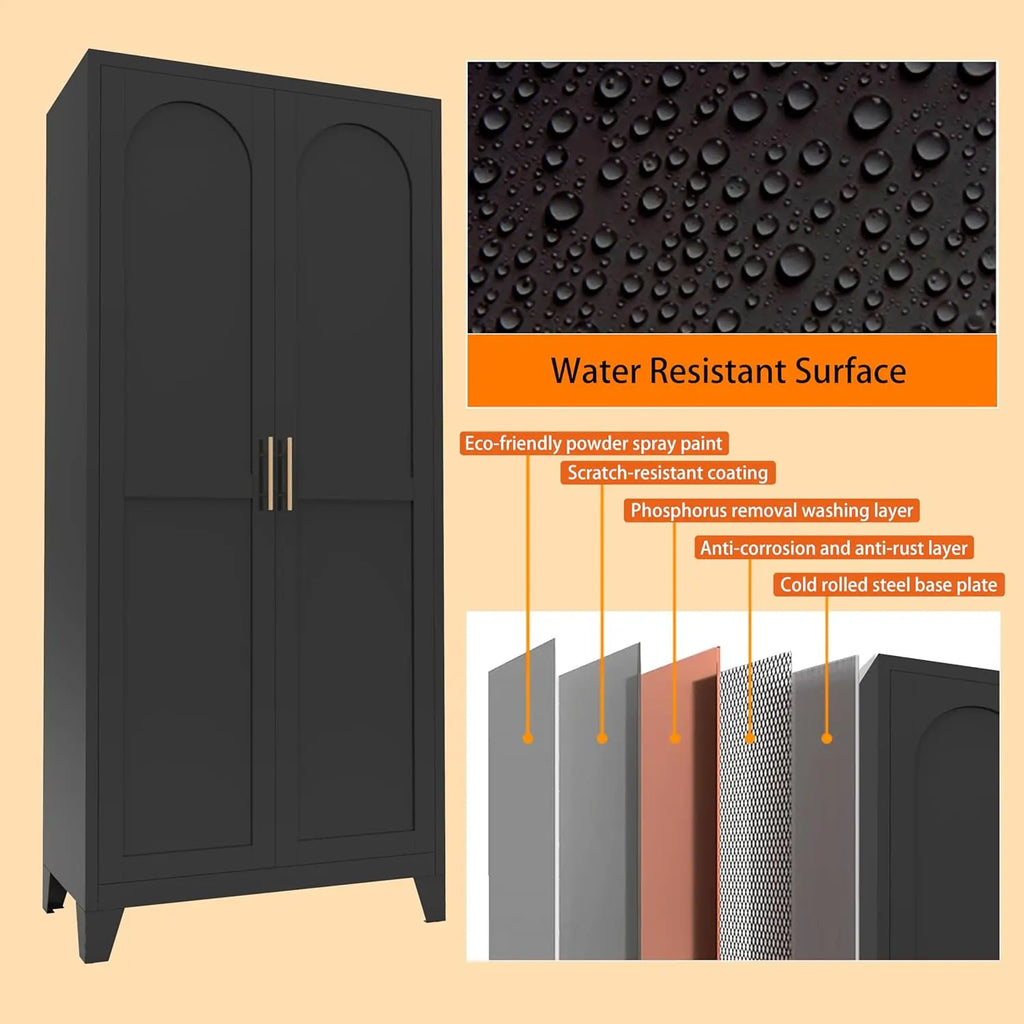 QIHAI 71'' 2 Shapely Doors Cabinet, Metal Storage Cabinet with Doors and Adjustable Shelves, for Kitchen, Dining Room, Living Room,White QIHAI