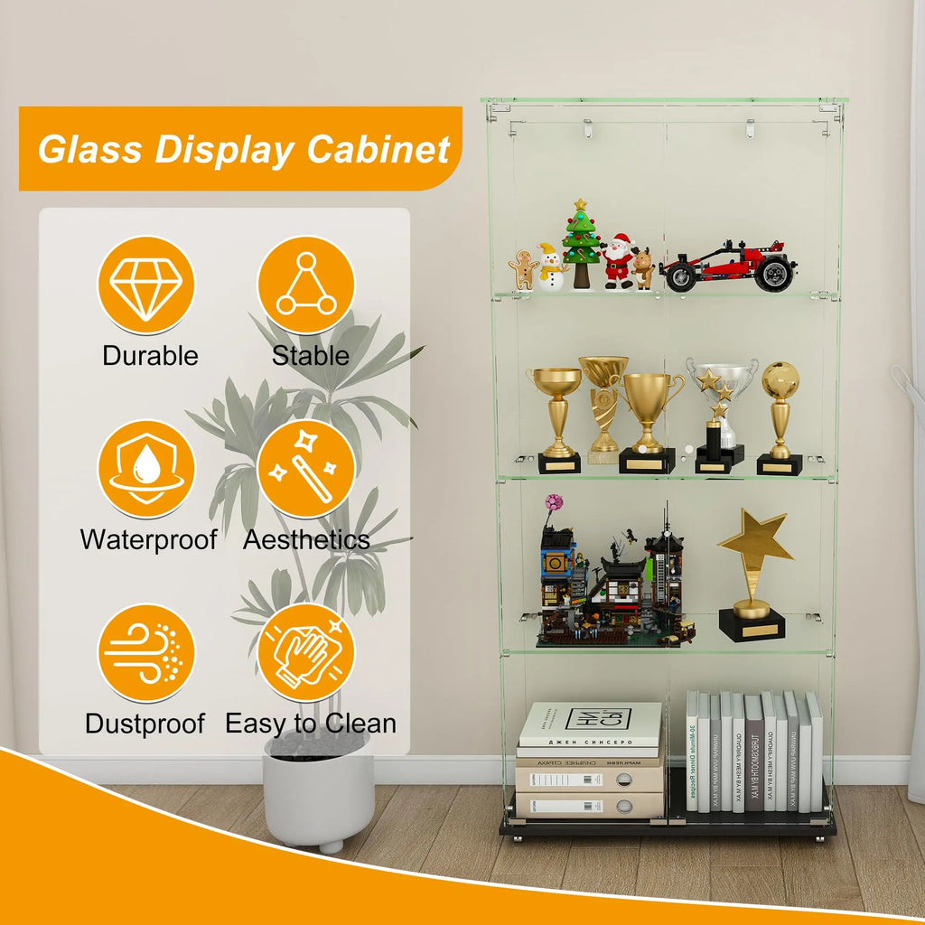 QIHAI Glass Display Cabinet,Premium 4-Tier Diamond Glass Display Case with 5 Dynamic LED Modes, Tempered Glass Curio Cabinet for Collectibles & Decor (62.99x27.56x11.81 Inches) QIHAI