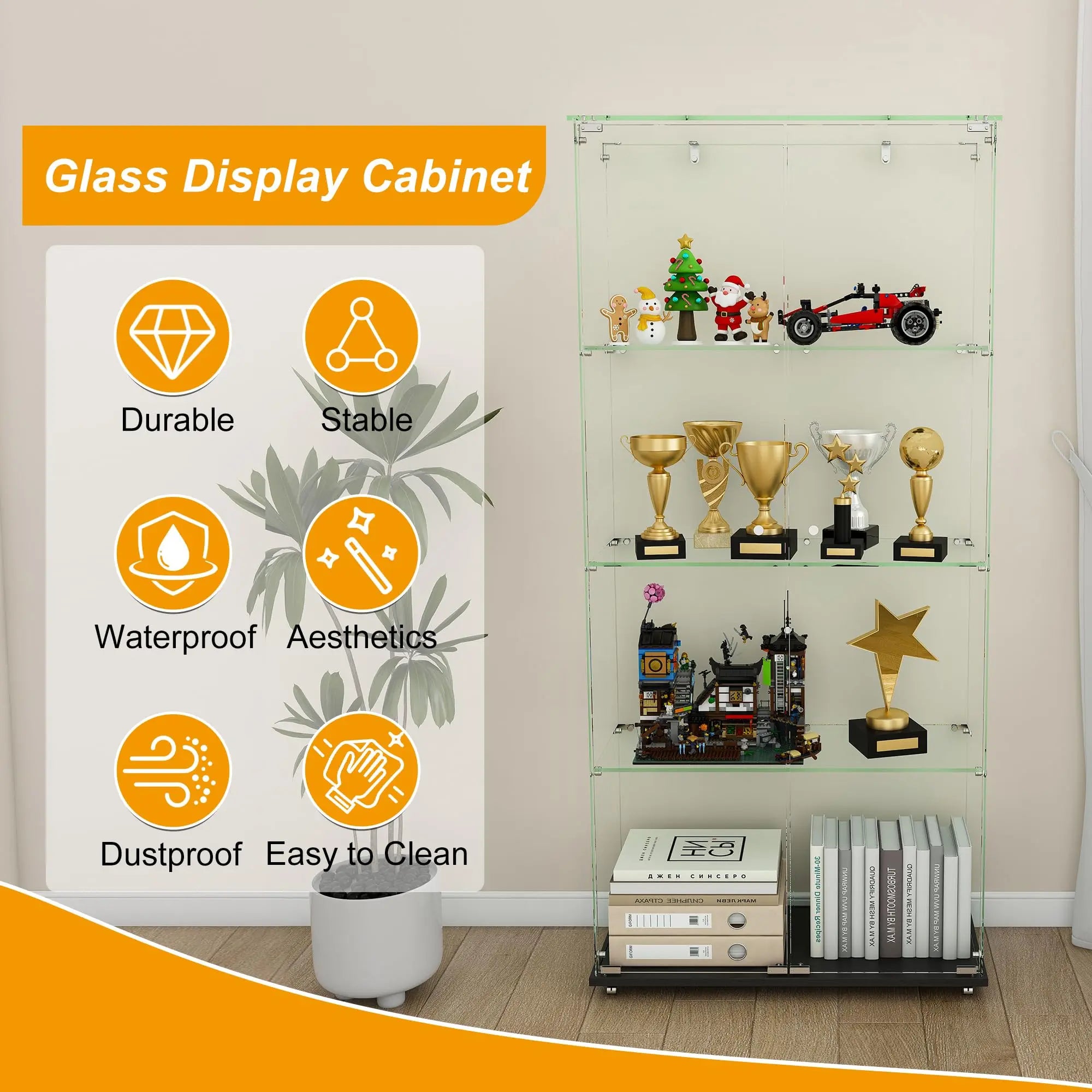 QIHAI Glass Display Cabinet,Premium 4-Tier Diamond Glass Display Case with 5 Dynamic LED Modes, Tempered Glass Curio Cabinet for Collectibles & Decor (62.99x27.56x11.81 Inches) QIHAI