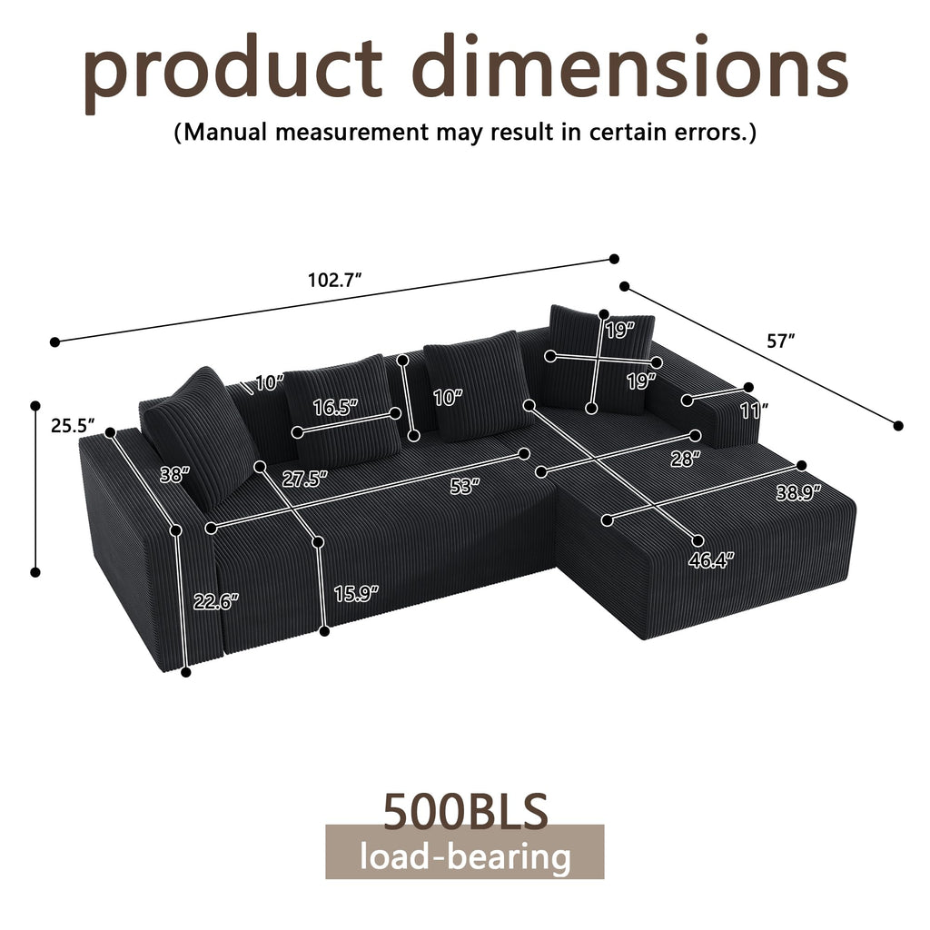 102.7" Corduroy Sectional Couch, Boneless L Shaped Couch with Deep Seat, Cloud Foam Sofa with Chaise, Sectional Sofa No Assembly Needed for Living Room and Bedroom (Black + Corduroy + 3 Seat + Foam)