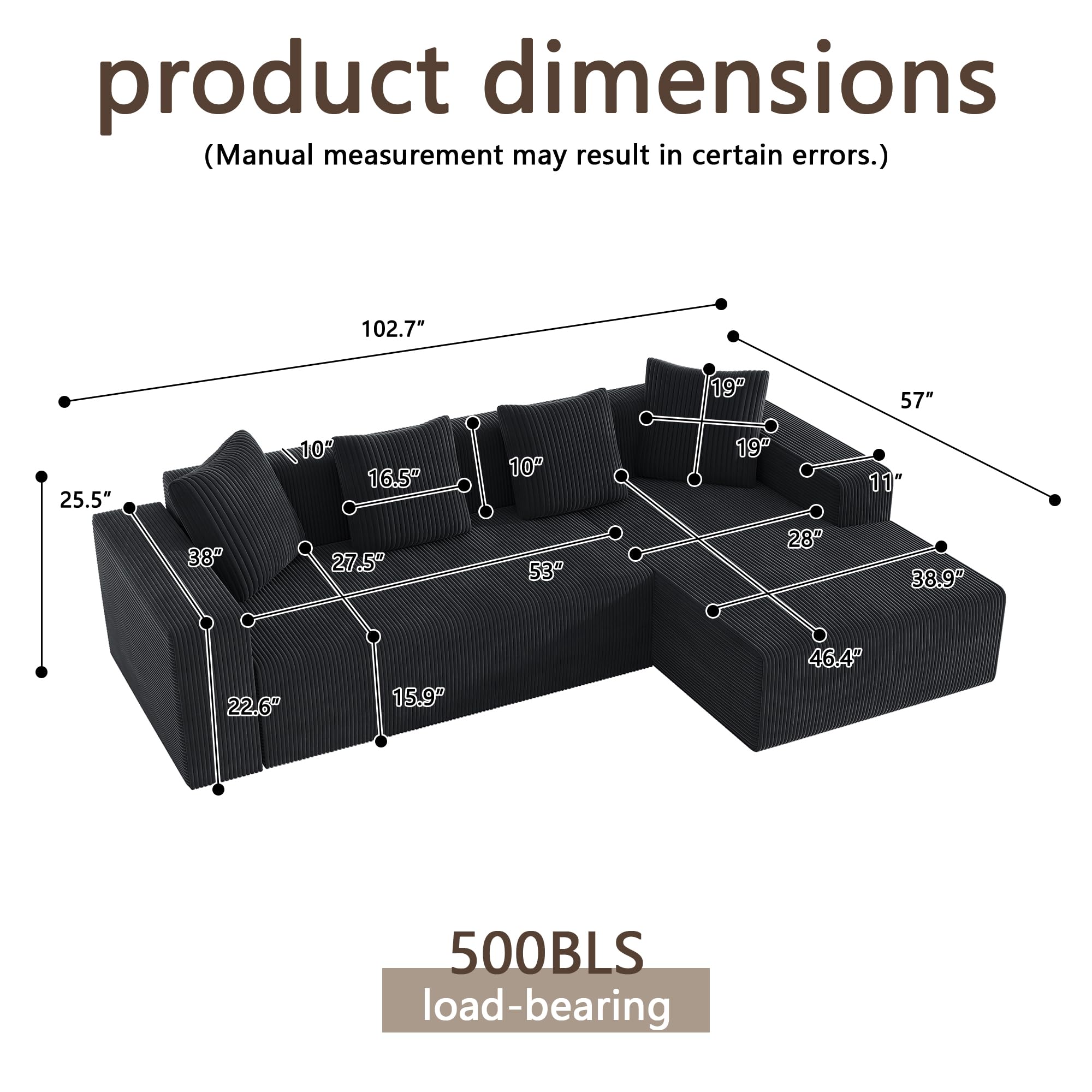 102.7" Corduroy Sectional Couch, Boneless L Shaped Couch with Deep Seat, Cloud Foam Sofa with Chaise, Sectional Sofa No Assembly Needed for Living Room and Bedroom (Black + Corduroy + 3 Seat + Foam)