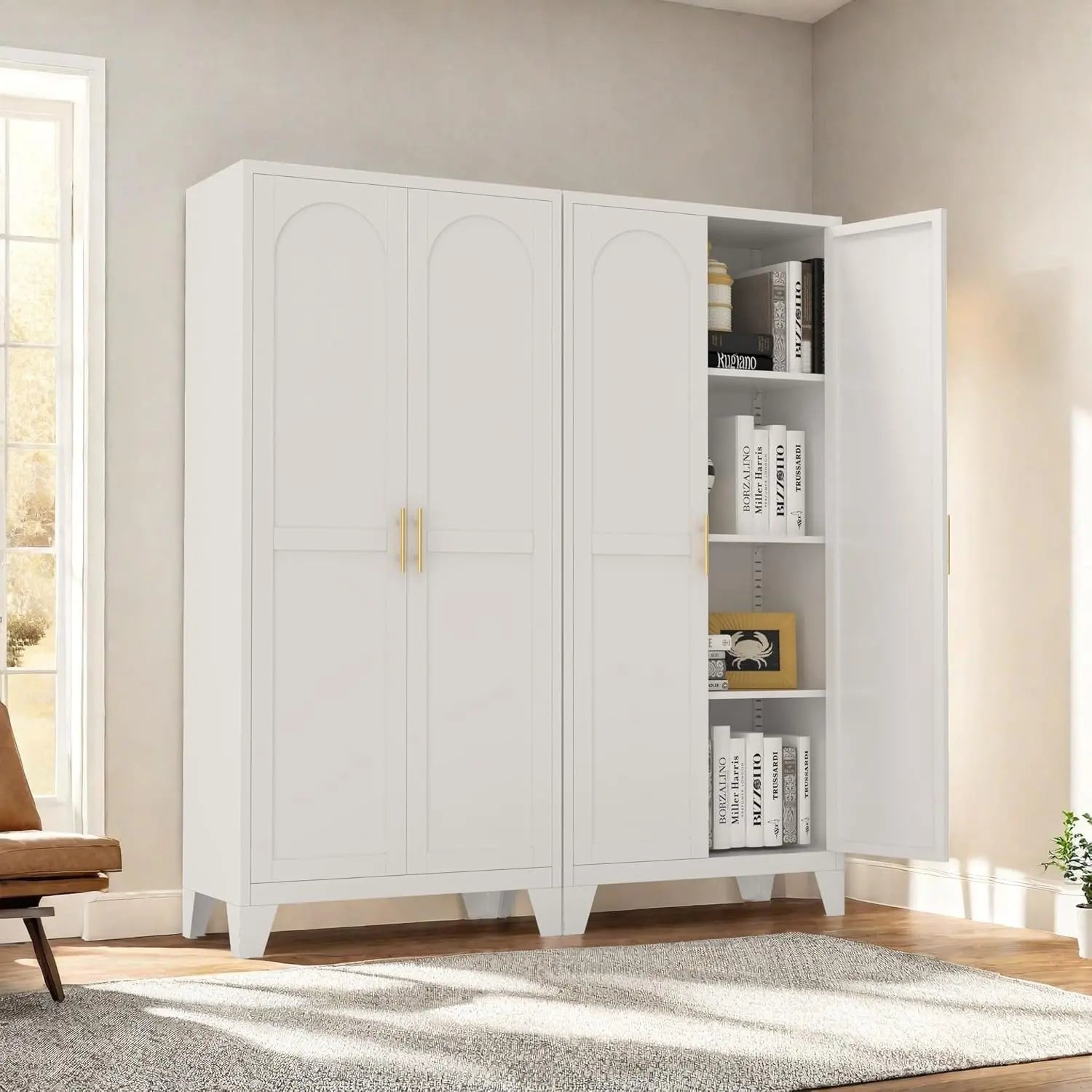QIHAI 71'' 2 Shapely Doors Cabinet, Metal Storage Cabinet with Doors and Adjustable Shelves, for Kitchen, Dining Room, Living Room,White QIHAI