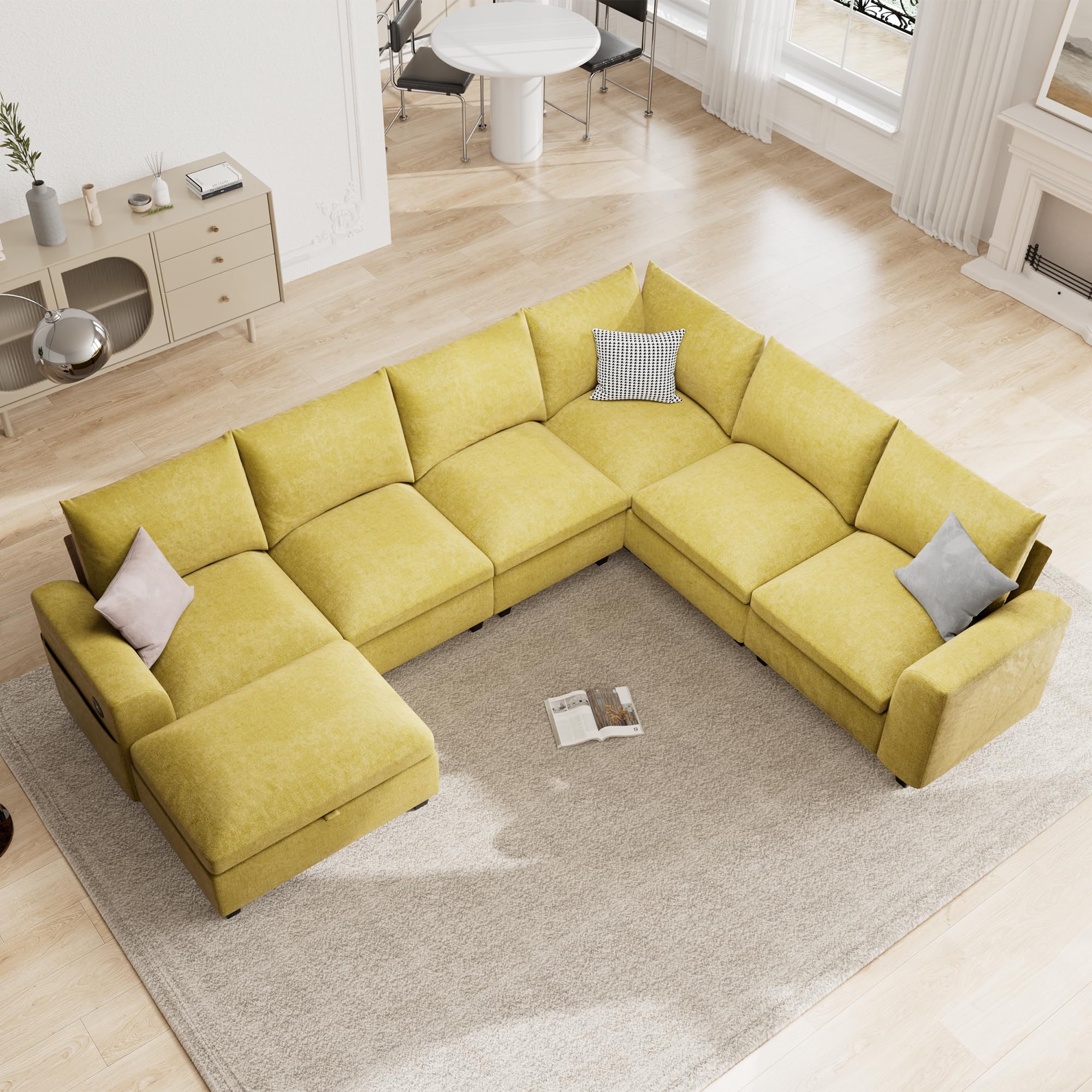 120.1" L Shaped Modular Sectional Sofa, 7 Seater Sectional Sofa with Storage Ottoman, L Shaped Cloud Couch Corner Sofa Oversized Modular Sectional Couch for Living Room (Black)