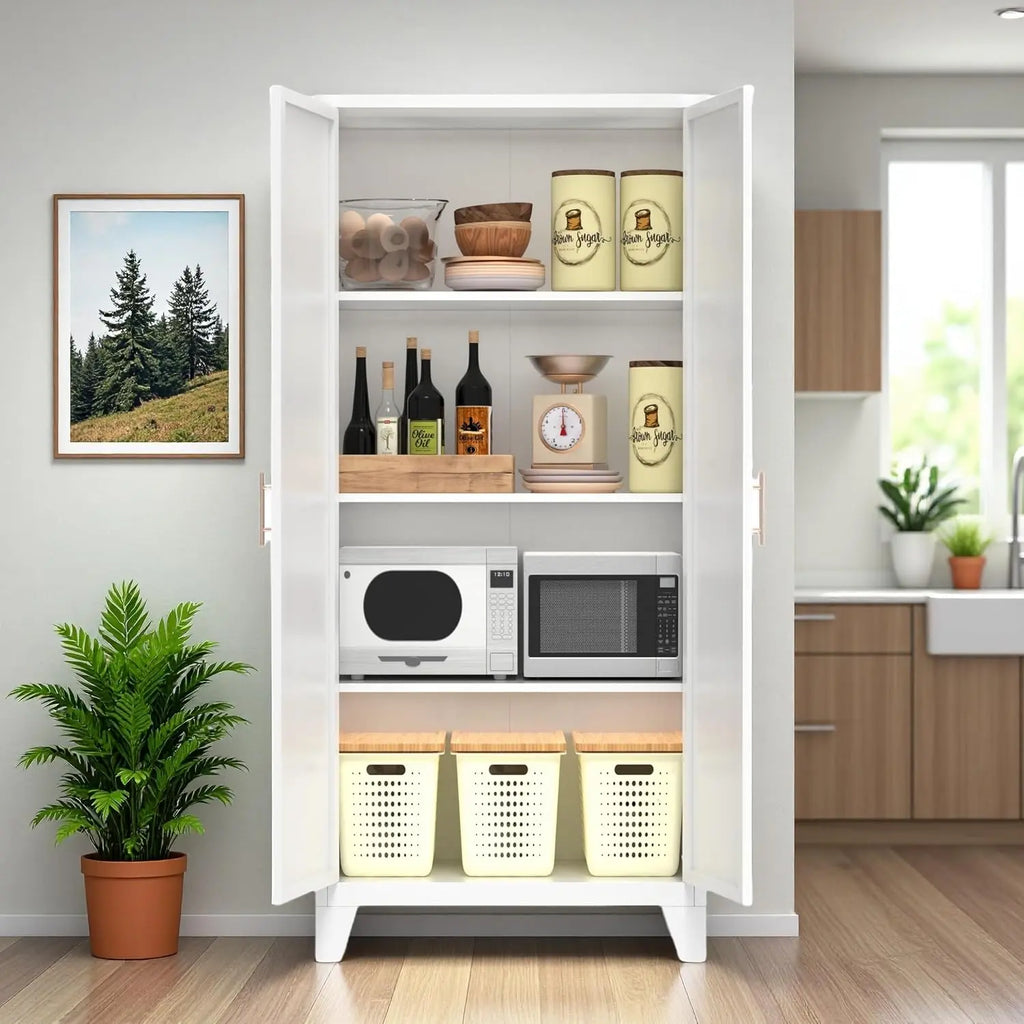 QIHAI 71'' 2 Shapely Doors Cabinet, Metal Storage Cabinet with Doors and Adjustable Shelves, for Kitchen, Dining Room, Living Room,White QIHAI