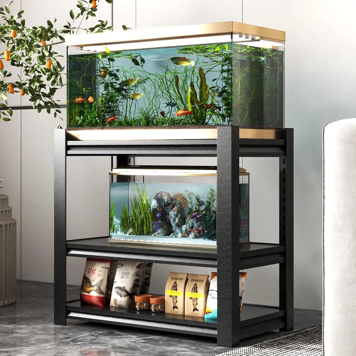 QIHAI 20-30 Gallon Fish Tank Stand - Metal Aquarium Stand, 34 "W x 18 "D x 31" H Adjustable Heavy Duty Reptile Tank Stand, Adjustable 3-Tier Fish Tank Rack Shelf for Home Office, Tank Not Included QIHAI