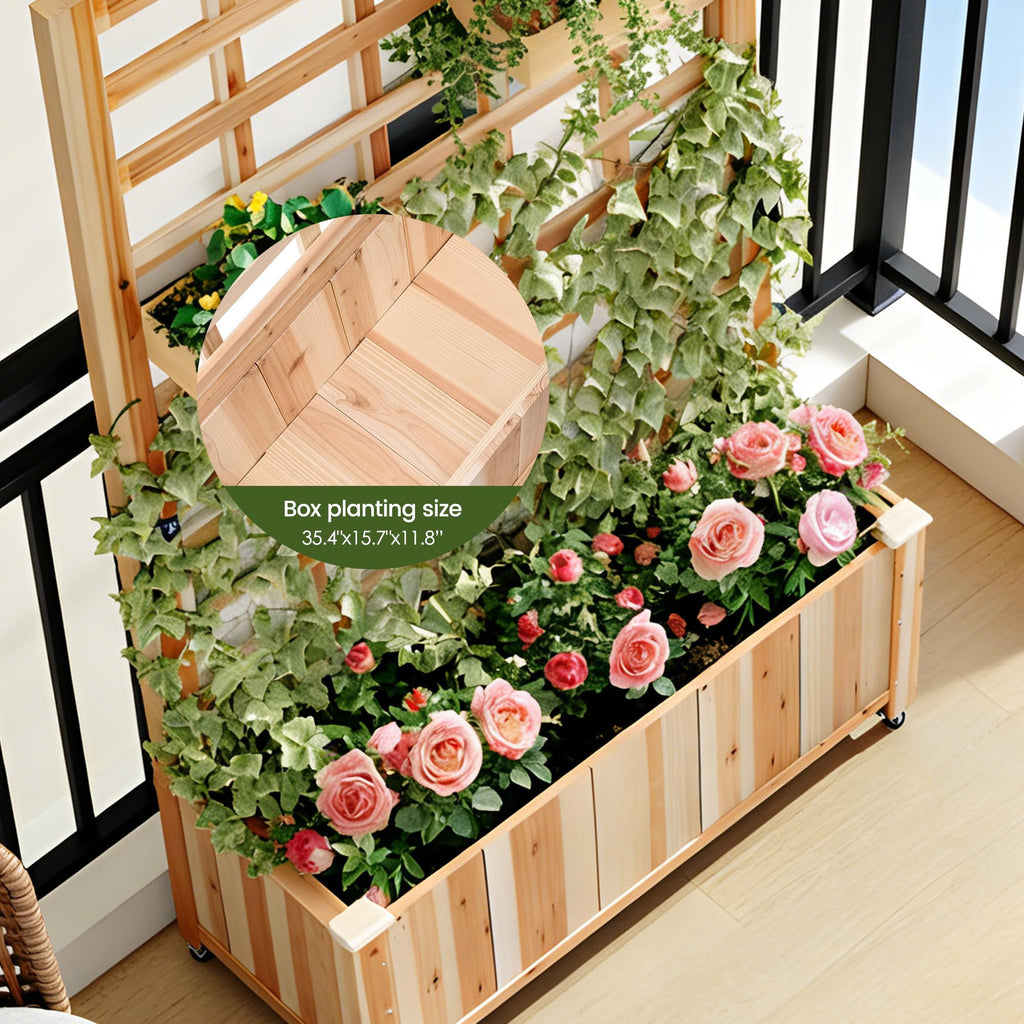 Wooden Raised Garden Bed with Trellis, Outdoor Free-Standing Trellis Planter, Standing Elevated Planter Box for Vegetables,Flowers, Fruits (35.4" L x 15.7" W x 59.4" H)