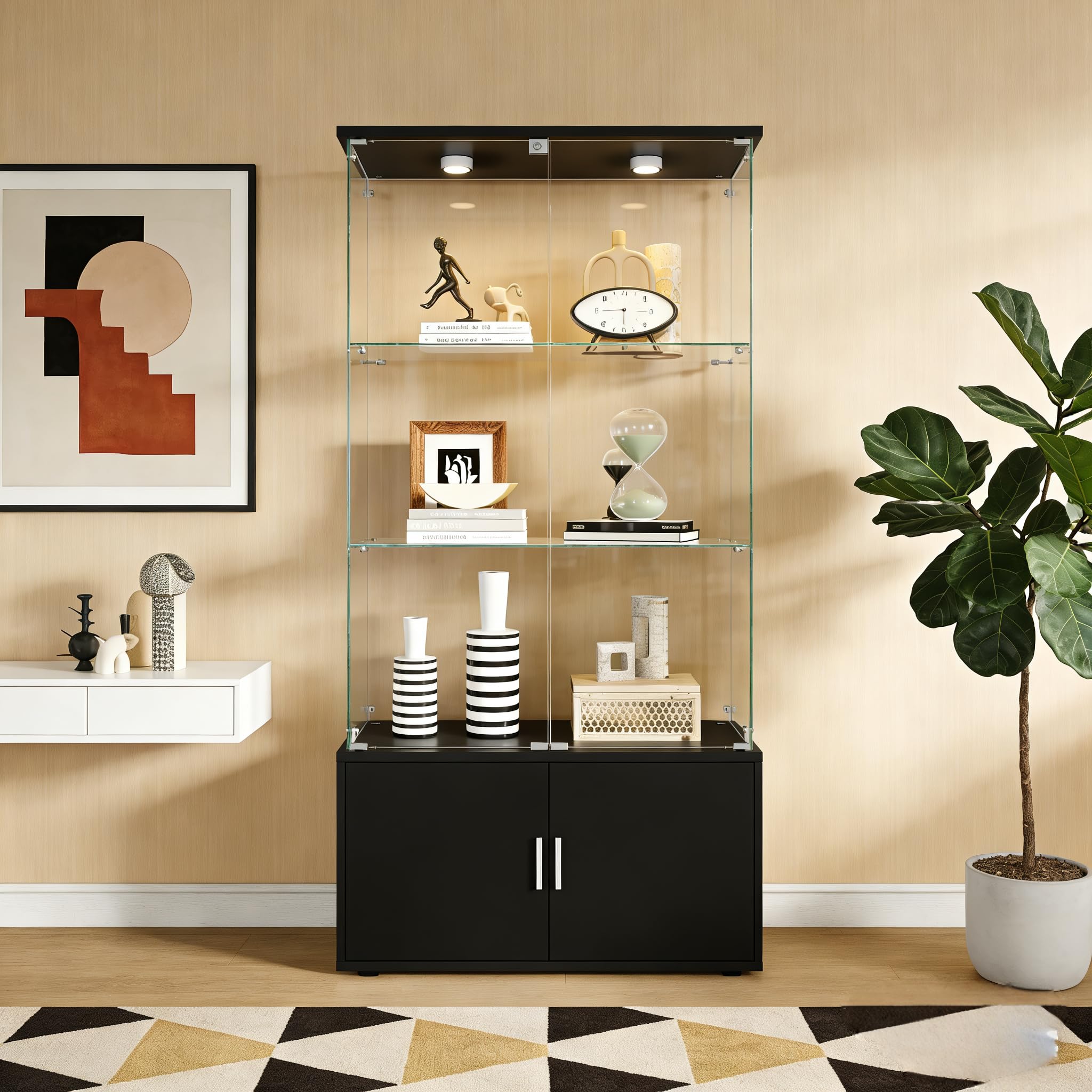 4-Tier Display Cabinet,Display Case with Glass Doors,Wine Cabinet with Lights, Storage Cabinets with 3 Shelves & 2 Drawers for Living Room,Dining (White)