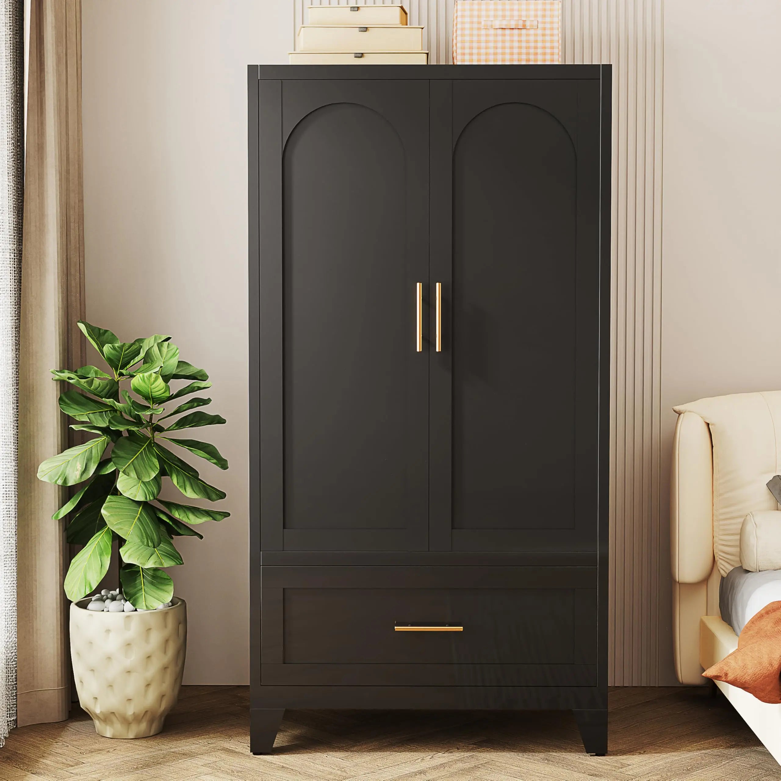 QIHAI Bedroom Armoires,71" Tall Metal Wardrobe Cabinet with 2 Drawers and Hanging Rod, 2 Doors Wardrobe Closet with Shelf for Bedroom, Office, Laundry Room,Entryway,Foyer,Guesthouse,White QIHAI