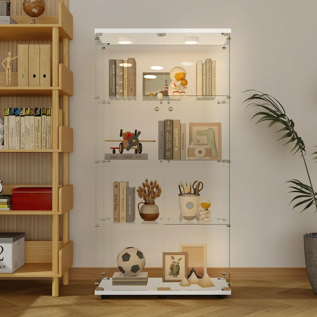 Glass Display Case with Lights,Tempered Glass Curio Cabinets with Glass Doors and Lock,Glass Display Cabinet for Bedroom, Living Room,Kitchen (White, 2 Door-5 Tier)