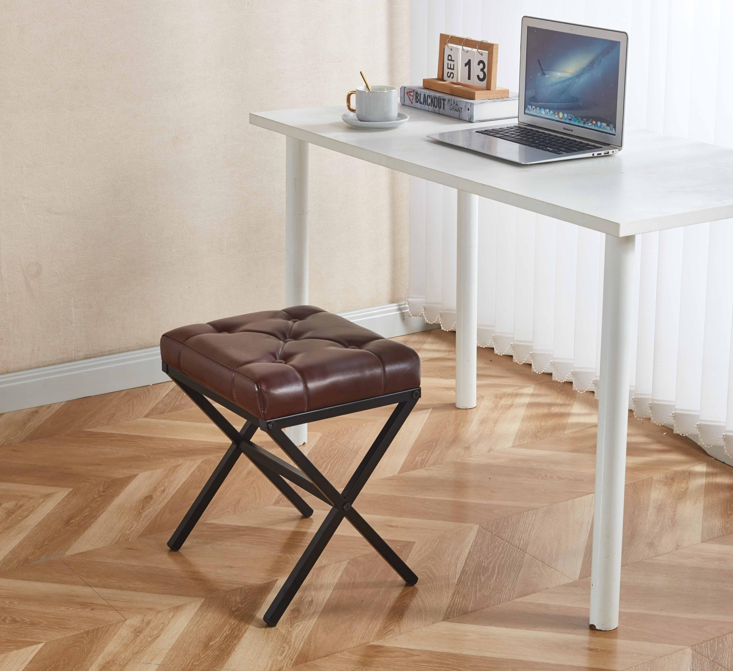 Vanity Stool - Square Faux Leather Makeup Seat with Metal X Legs, Small Ottoman Chair for Makeup Room, Living Room - Modern Padded Foot Rest (Dark Brown)