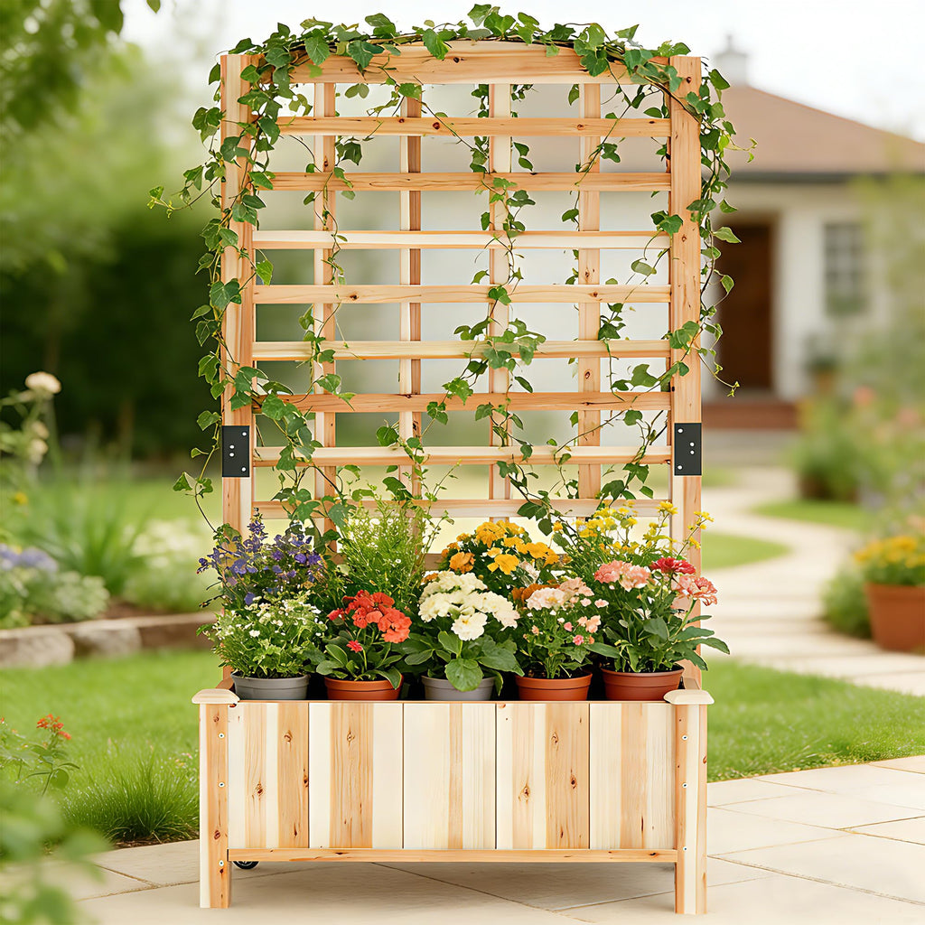 Wooden Raised Garden Bed with Trellis, Outdoor Free-Standing Trellis Planter, Standing Elevated Planter Box for Vegetables,Flowers, Fruits (35.4" L x 15.7" W x 59.4" H)