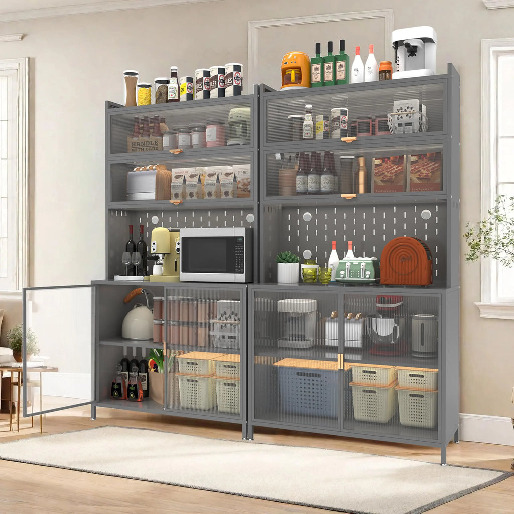 73'' Tall Kitchen Pantry Cabinet, 6 Level Flip Door with Pegboard Metal Pantry Storage Cabinet, Anti-Tip Design Hutch for Kitchen, Dining Room, Living Room,Grey QIHAI