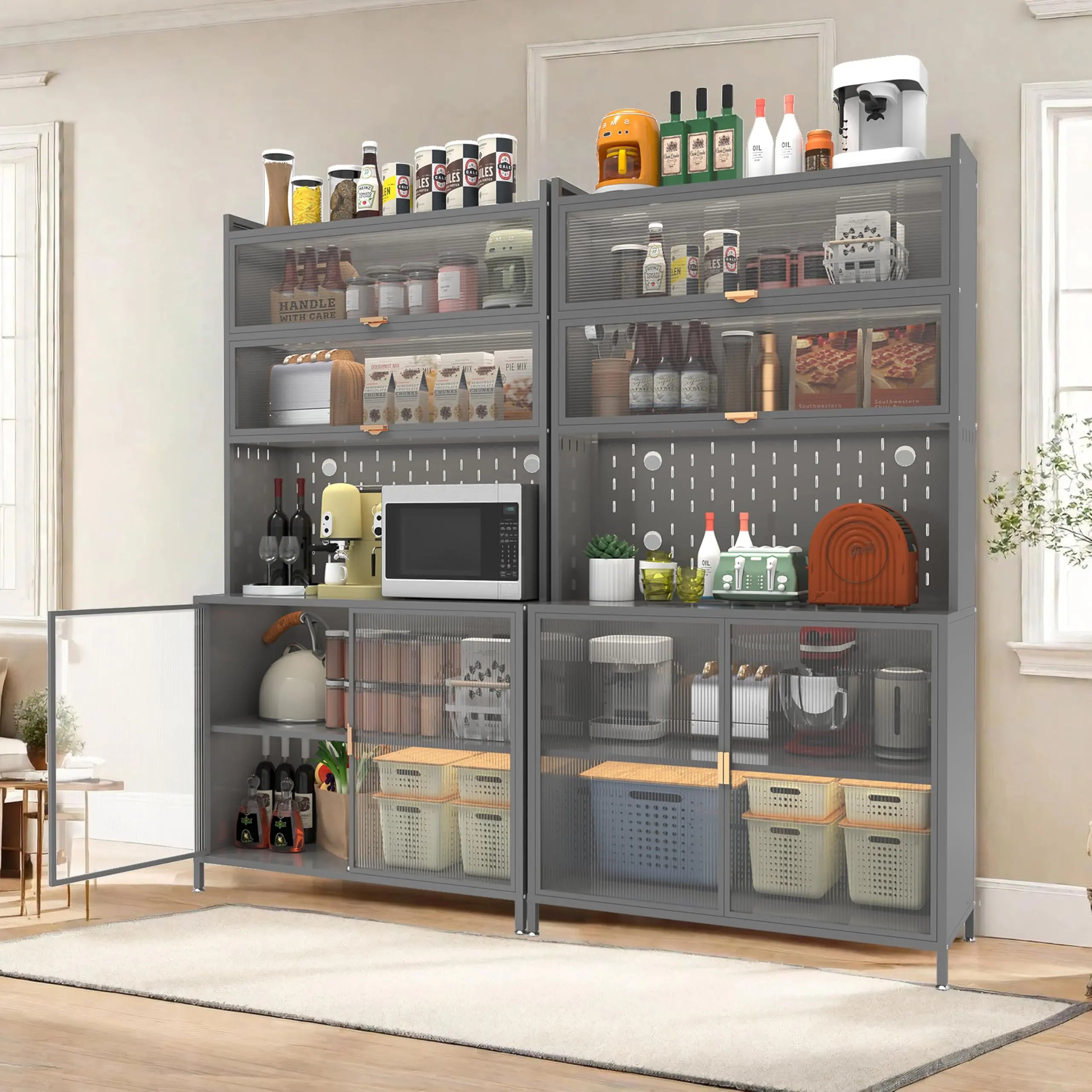 73'' Tall Kitchen Pantry Cabinet, 6 Level Flip Door with Pegboard Metal Pantry Storage Cabinet, Anti-Tip Design Hutch for Kitchen, Dining Room, Living Room,Grey QIHAI