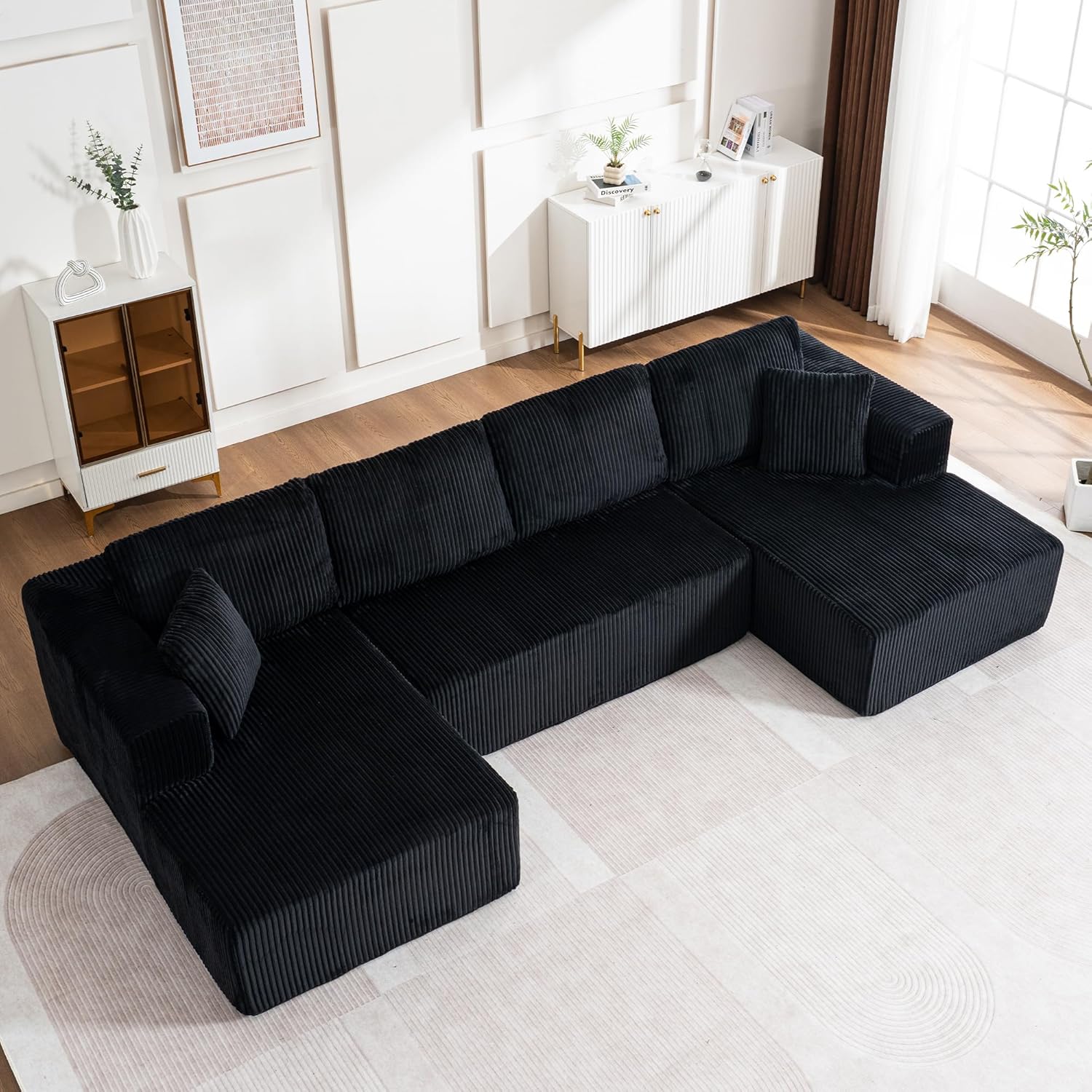 130" Oversized Cloud Boneless Sofa Couch with Chaise, Modern Corduroy U Shaped Modular Sectional Sofa with Deep Seat, No Assembly Required (Foam + White + Corduroy + 3 Seat)