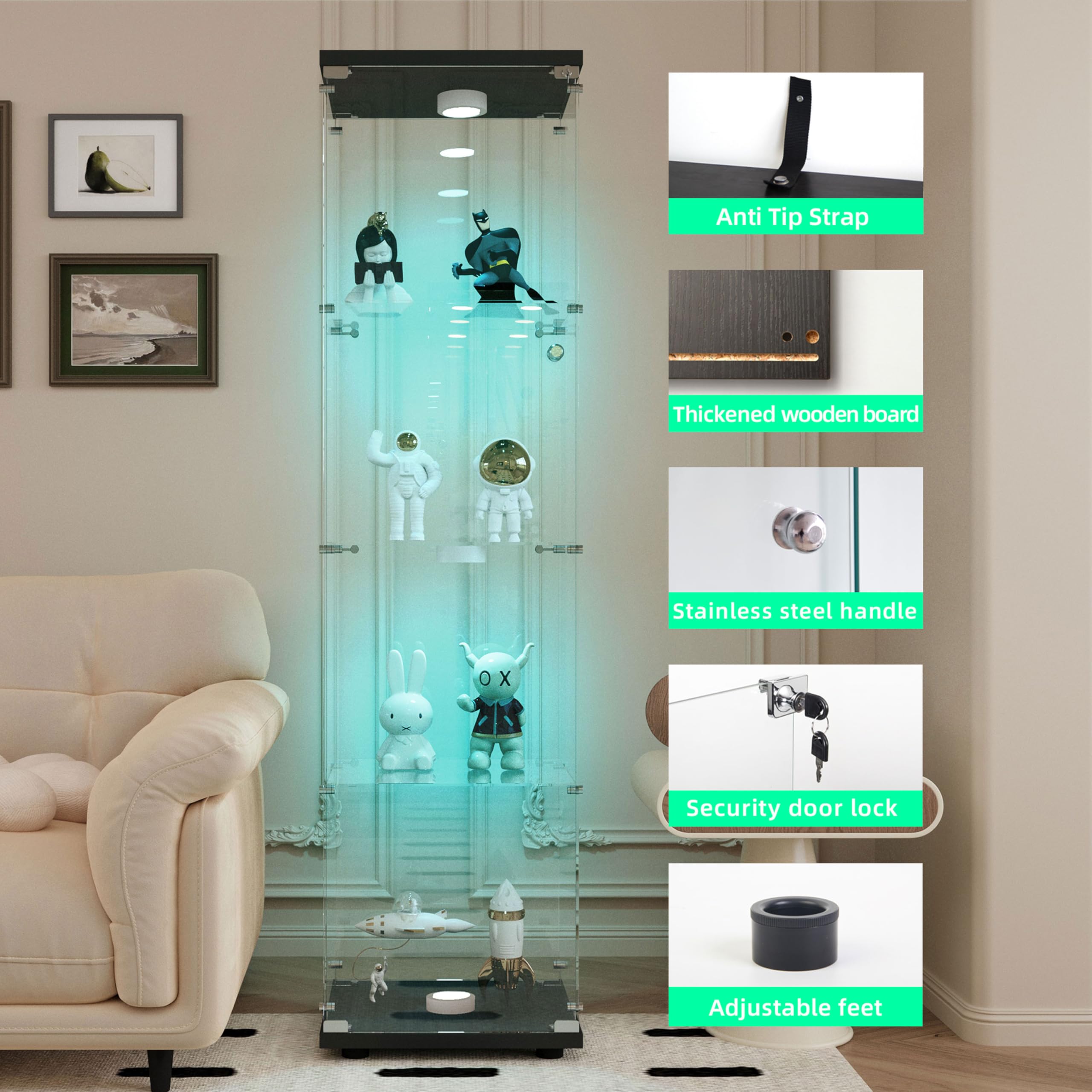 Glass Display Case with Lights,Tempered Glass Curio Cabinets with Glass Doors and Lock,Glass Display Cabinet for Bedroom, Living Room,Kitchen (White, 2 Door-5 Tier)
