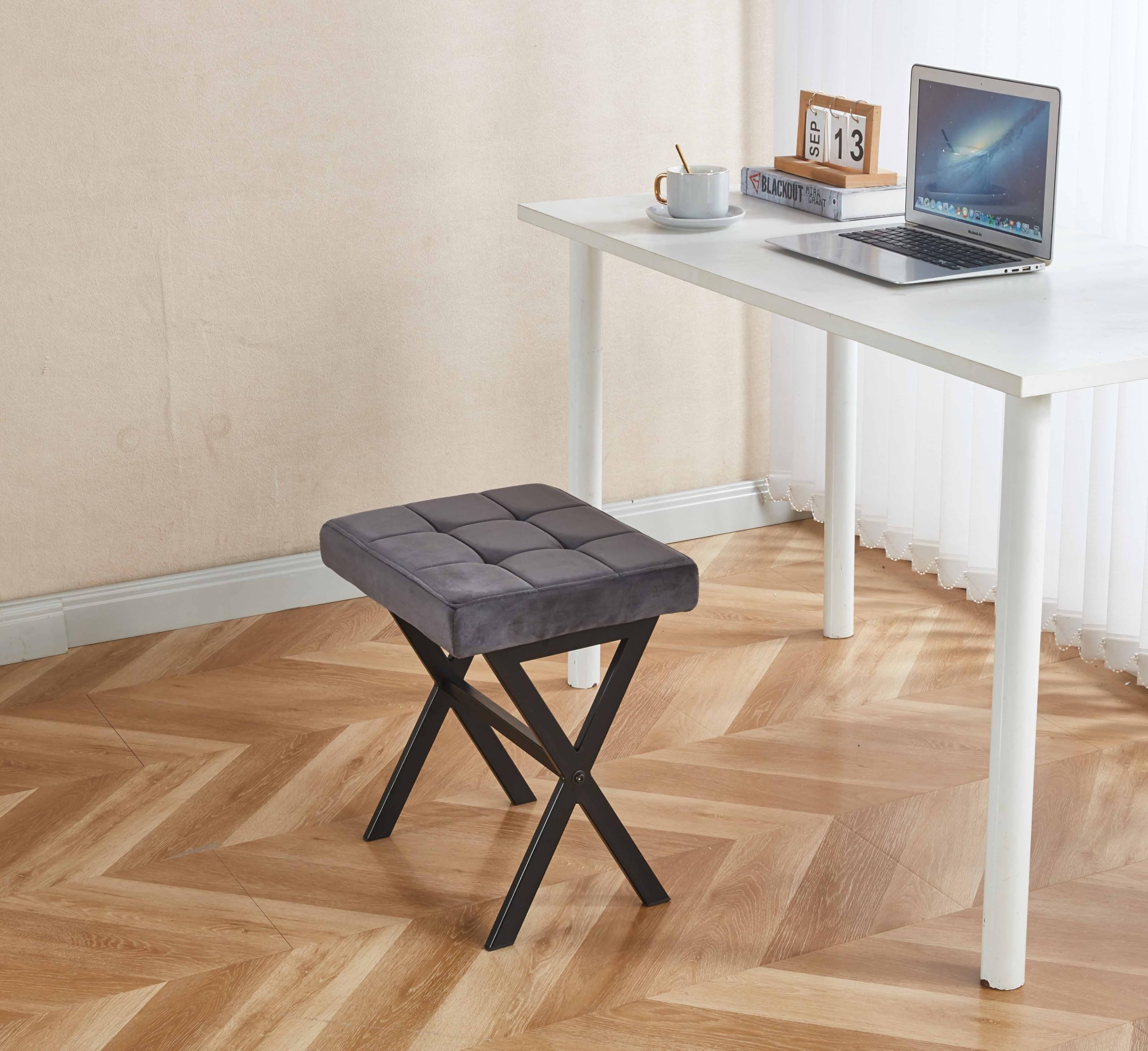 Vanity Stool - Square Faux Leather Makeup Seat with Metal X Legs, Small Ottoman Chair for Makeup Room, Living Room - Modern Padded Foot Rest (Dark Brown)