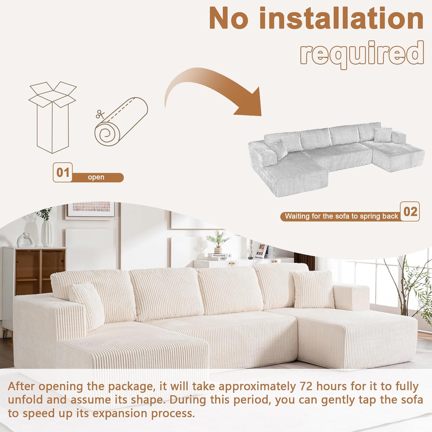 130" Oversized Cloud Boneless Sofa Couch with Chaise, Modern Corduroy U Shaped Modular Sectional Sofa with Deep Seat, No Assembly Required (Foam + White + Corduroy + 3 Seat)