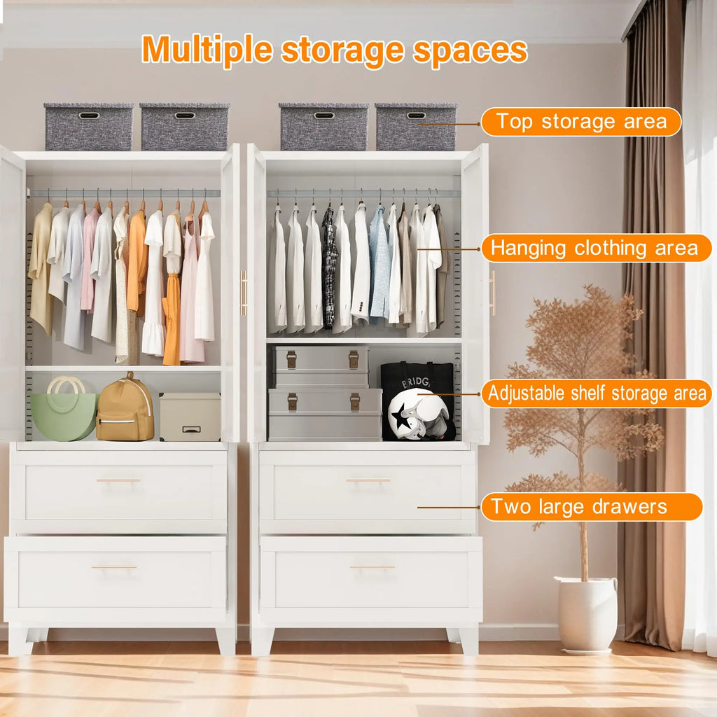 QIHAI Bedroom Armoires,71" Tall Metal Wardrobe Cabinet with 2 Drawers and Hanging Rod, 2 Doors Wardrobe Closet with Shelf for Bedroom, Office, Laundry Room,Entryway,Foyer,Guesthouse,White QIHAI