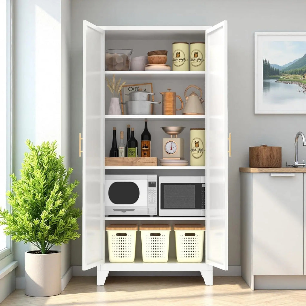 QIHAI 71'' 2 Shapely Doors Cabinet, Metal Storage Cabinet with Doors and Adjustable Shelves, for Kitchen, Dining Room, Living Room,White QIHAI