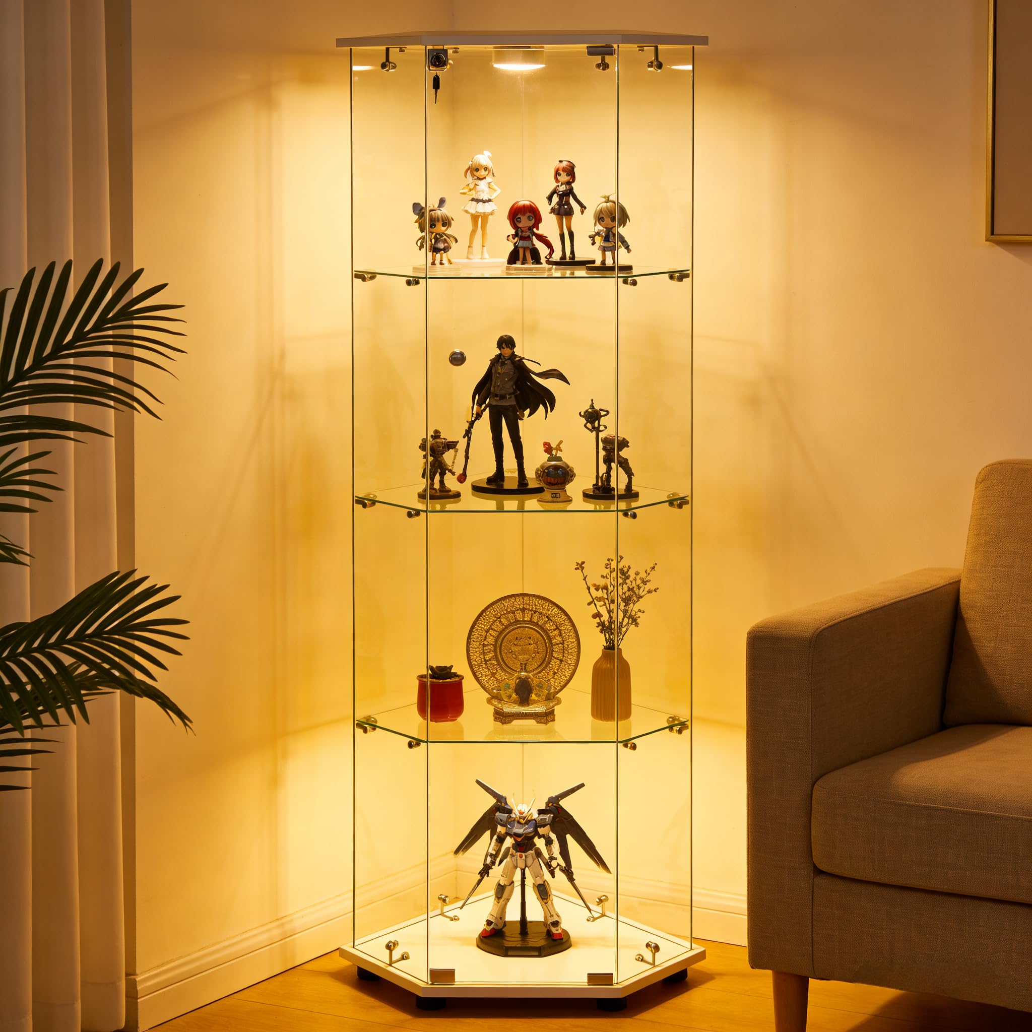 Corner Display Cabinet,Curio Cabinet with Tempered Glass Doors, Wine Bar Cabinet with Lights and Locks,4 Tier Glass Display Case for Living Room,Dining Room,Corridor,Office (Black)