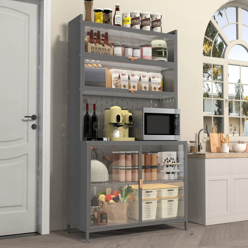 73'' Tall Kitchen Pantry Cabinet, 6 Level Flip Door with Pegboard Metal Pantry Storage Cabinet, Anti-Tip Design Hutch for Kitchen, Dining Room, Living Room,Grey QIHAI