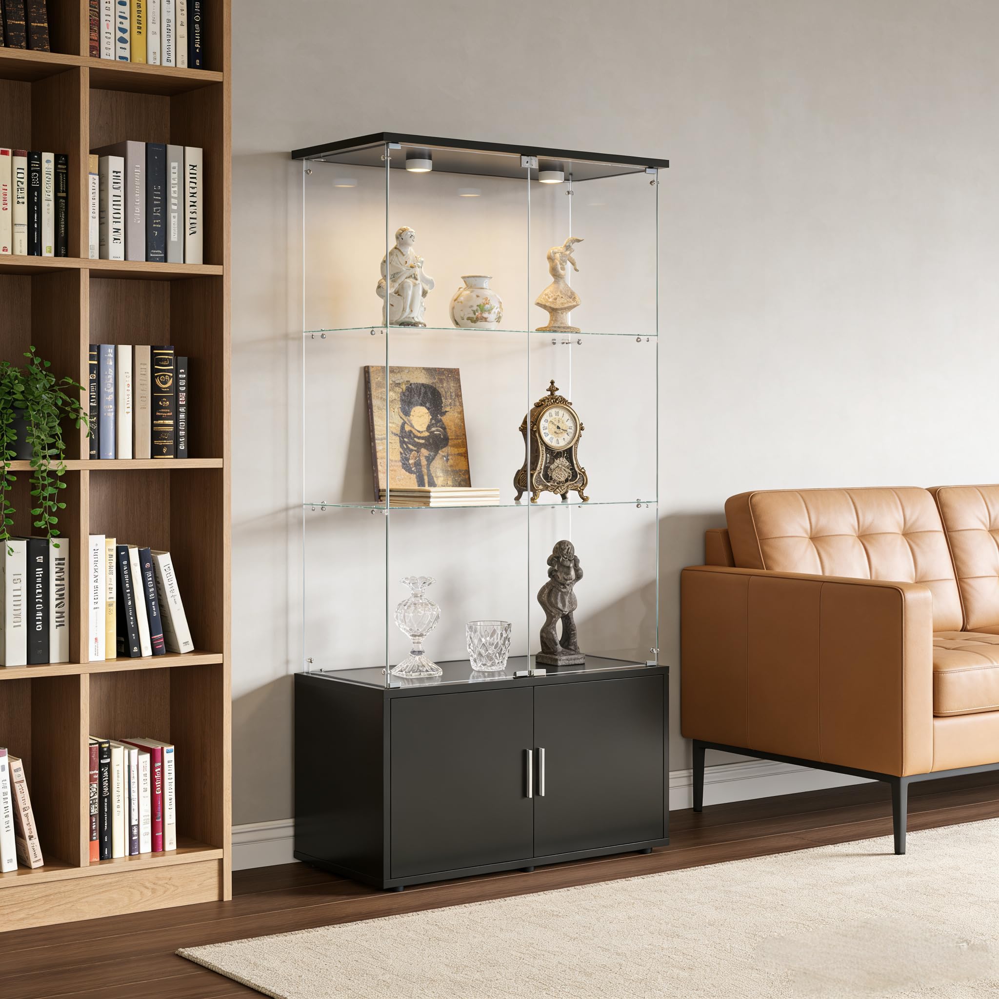 4-Tier Display Cabinet,Display Case with Glass Doors,Wine Cabinet with Lights, Storage Cabinets with 3 Shelves & 2 Drawers for Living Room,Dining (White)