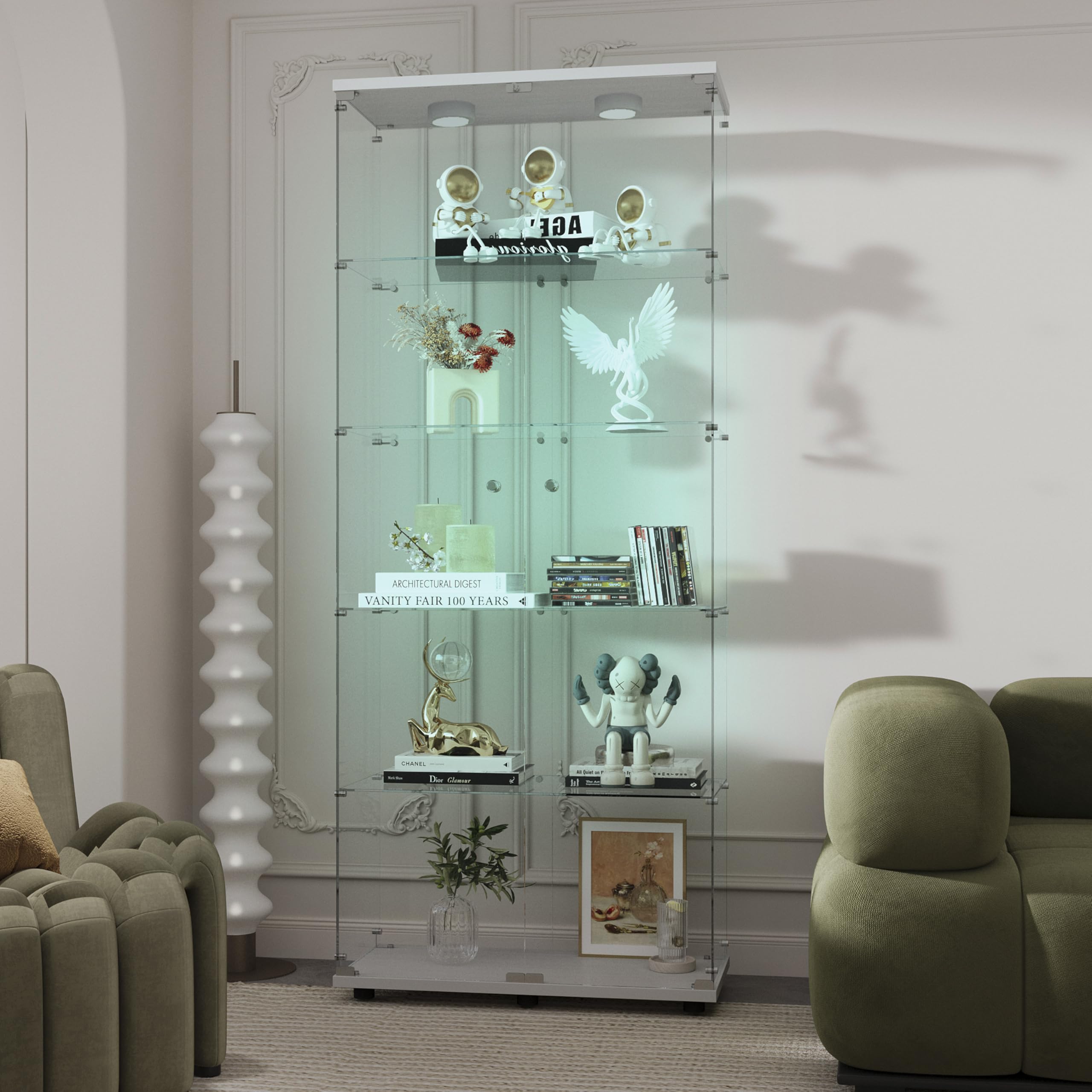 Glass Display Case with Lights,Tempered Glass Curio Cabinets with Glass Doors and Lock,Glass Display Cabinet for Bedroom, Living Room,Kitchen (White, 2 Door-5 Tier)