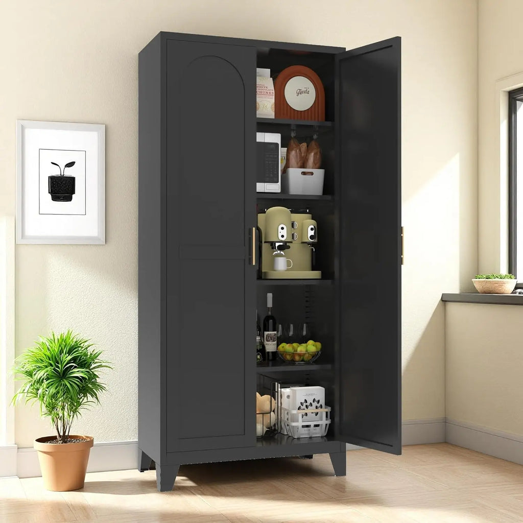 QIHAI 71'' 2 Shapely Doors Cabinet, Metal Storage Cabinet with Doors and Adjustable Shelves, for Kitchen, Dining Room, Living Room,White QIHAI