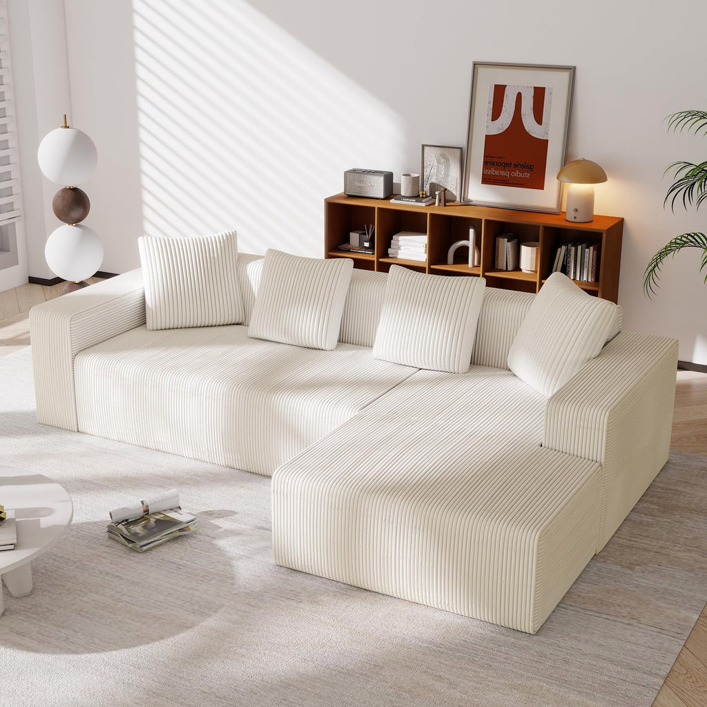 102.7" Corduroy Sectional Couch, Boneless L Shaped Couch with Deep Seat, Cloud Foam Sofa with Chaise, Sectional Sofa No Assembly Needed for Living Room and Bedroom (Black + Corduroy + 3 Seat + Foam)
