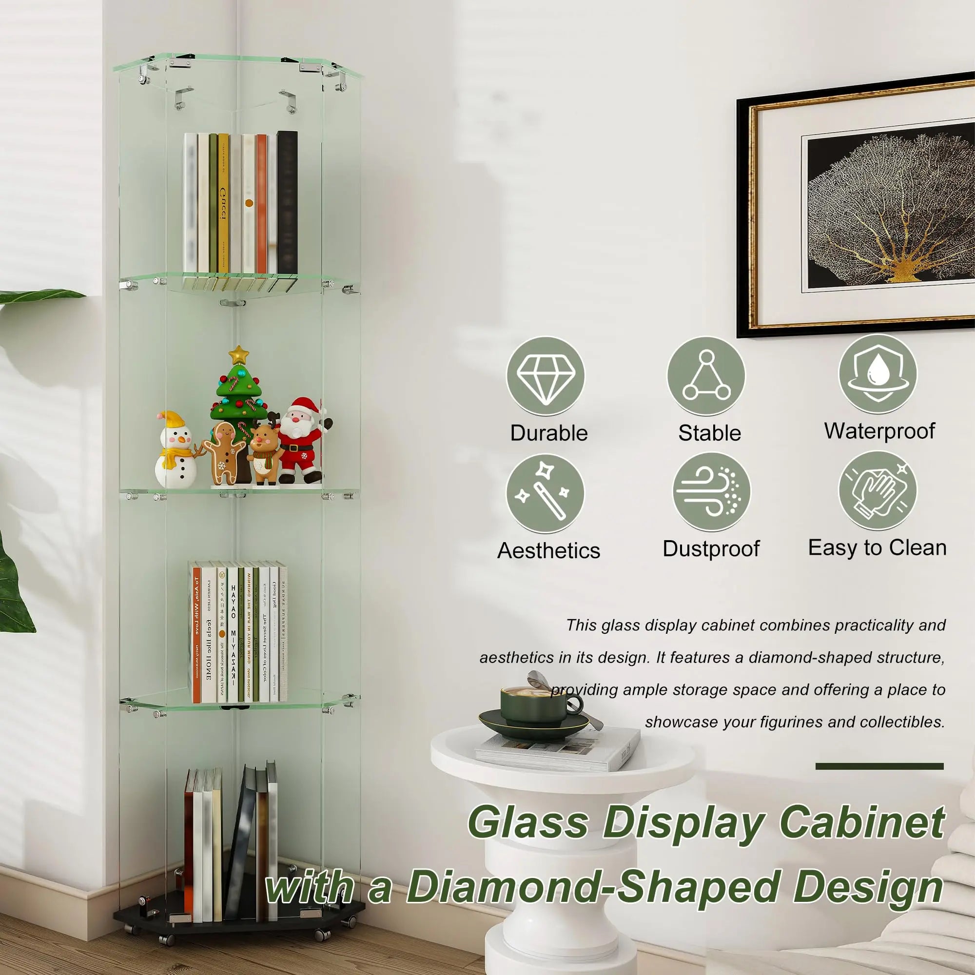 QIHAI Glass Display Cabinet,Premium 4-Tier Diamond Glass Display Case with 5 Dynamic LED Modes, Tempered Glass Curio Cabinet for Collectibles & Decor (62.99x27.56x11.81 Inches) QIHAI