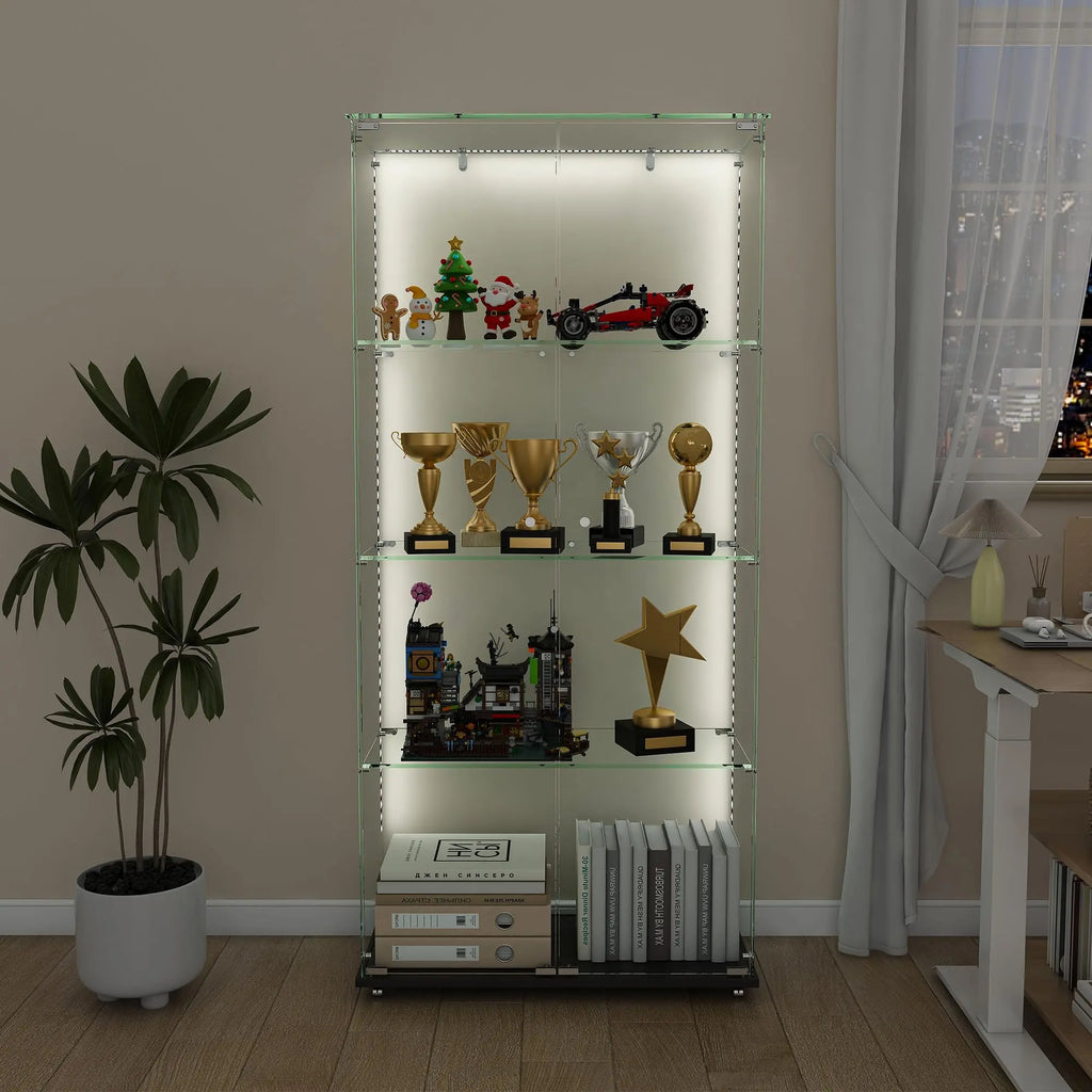 QIHAI Glass Display Cabinet,Premium 4-Tier Diamond Glass Display Case with 5 Dynamic LED Modes, Tempered Glass Curio Cabinet for Collectibles & Decor (62.99x27.56x11.81 Inches) QIHAI