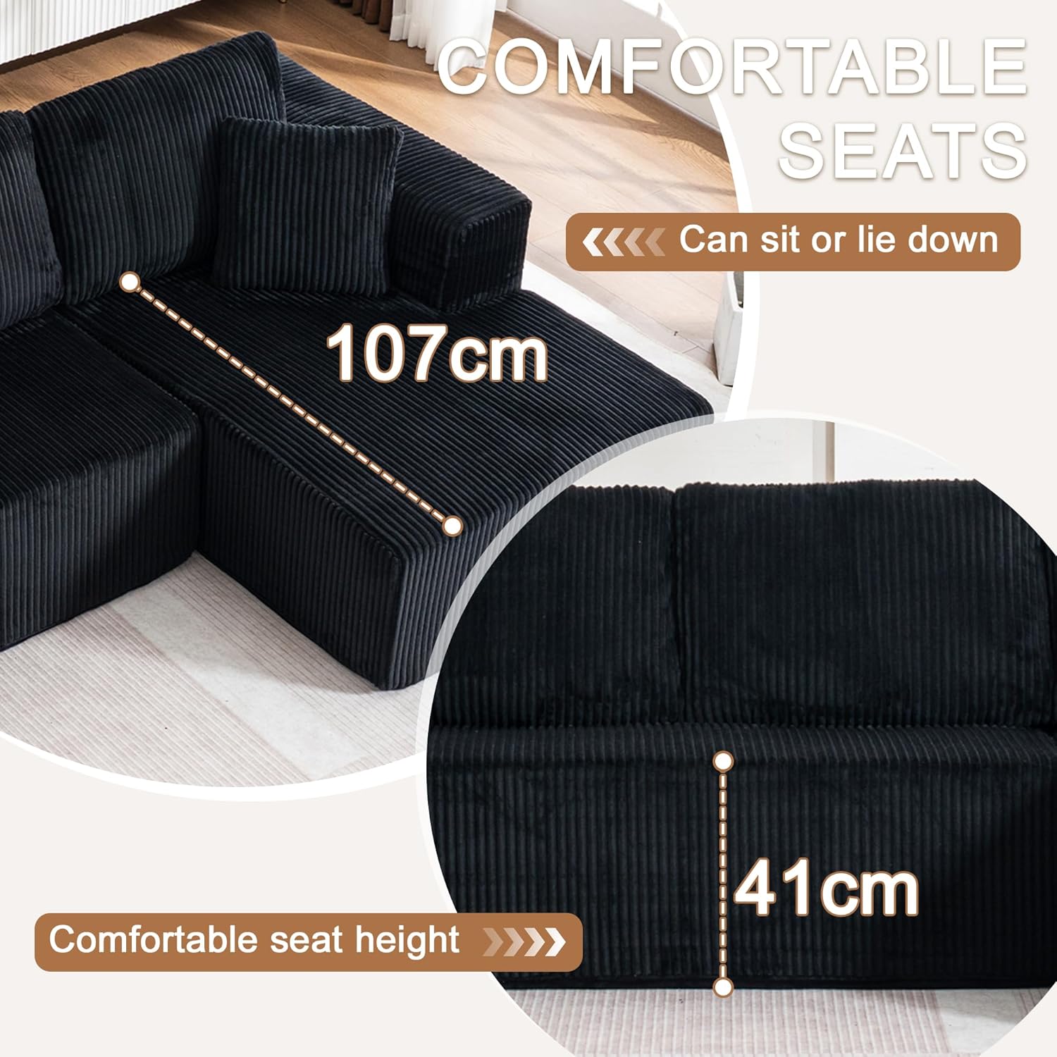 130" Oversized Cloud Boneless Sofa Couch with Chaise, Modern Corduroy U Shaped Modular Sectional Sofa with Deep Seat, No Assembly Required (Foam + White + Corduroy + 3 Seat)