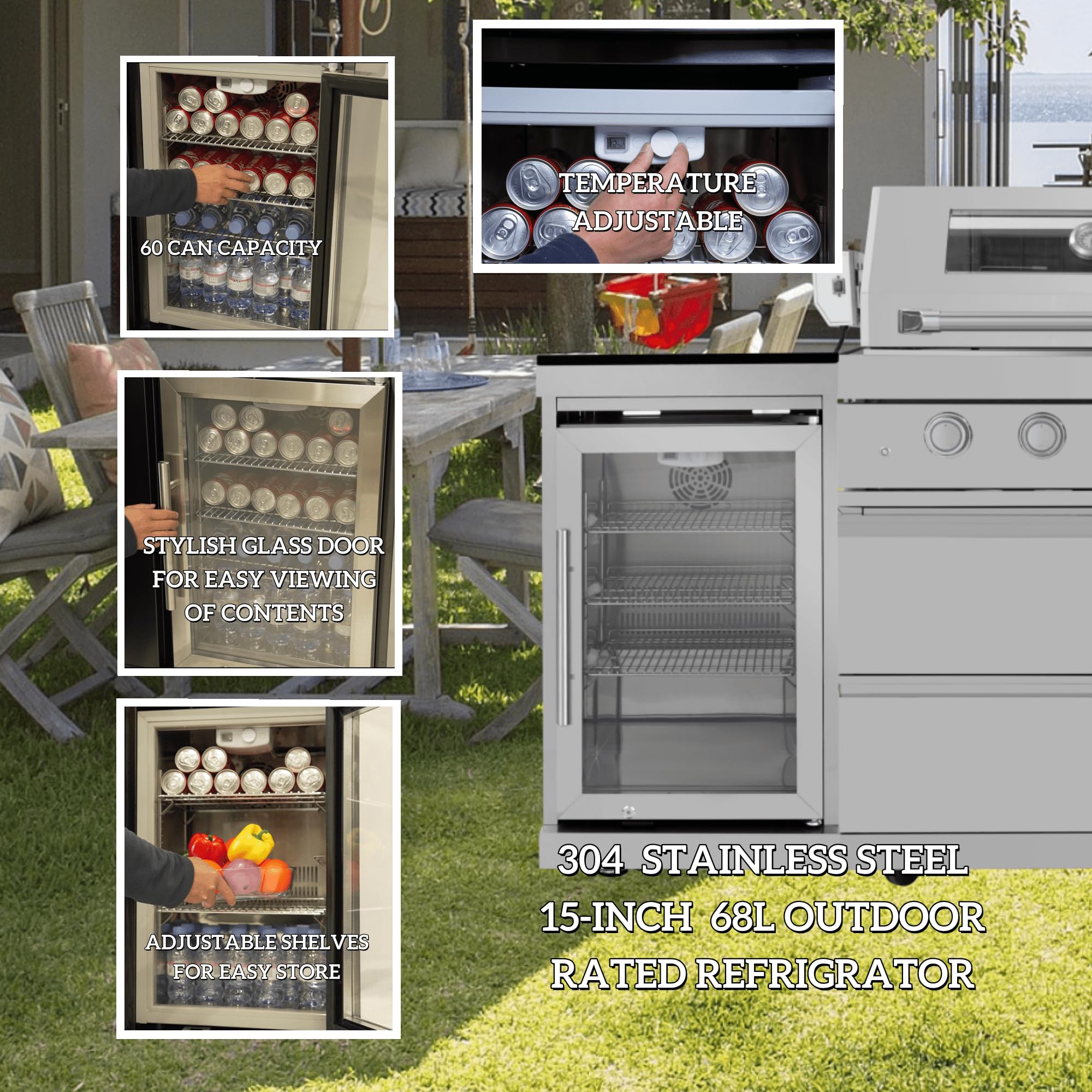 46-Inch 4-Burner 72000 BTU Deluxe Stainless Steel Gas Outdoor Kitchen Bar Barbecue Island Grill, Wine Cooler Compact Refrigerator, Rotisserie, Granite Countertops, Stainless steel Sink,Black