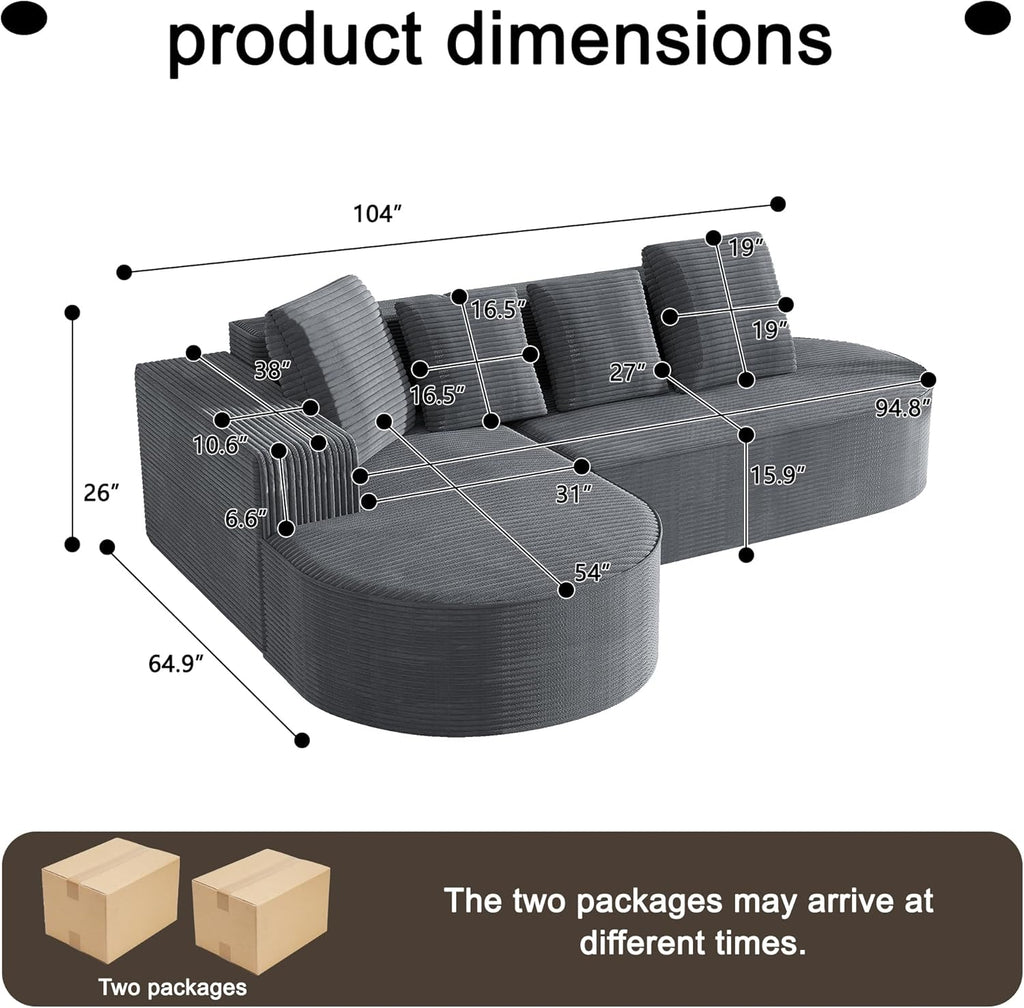 104" Corduroy Sectional Couch, Boneless L Shaped Couch with Deep Seat, Cloud Foam Sofa with Chaise, Sectional Sofa No Assembly Needed for Living Room (Foam + Black + Corduroy + 3 Seat)