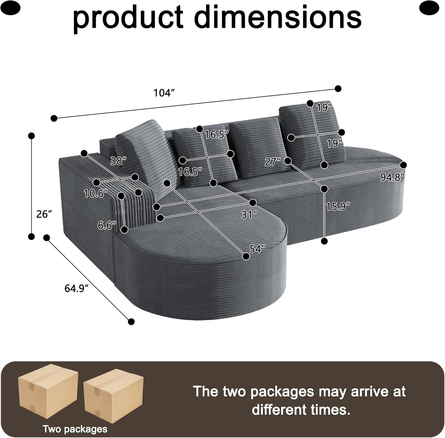 104" Corduroy Sectional Couch, Boneless L Shaped Couch with Deep Seat, Cloud Foam Sofa with Chaise, Sectional Sofa No Assembly Needed for Living Room (Foam + Black + Corduroy + 3 Seat)