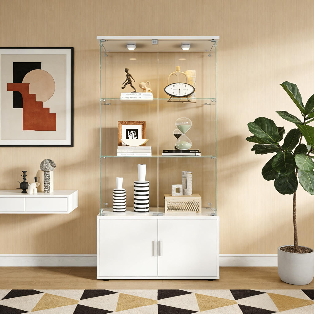 4-Tier Display Cabinet,Display Case with Glass Doors,Wine Cabinet with Lights, Storage Cabinets with 3 Shelves & 2 Drawers for Living Room,Dining (White)