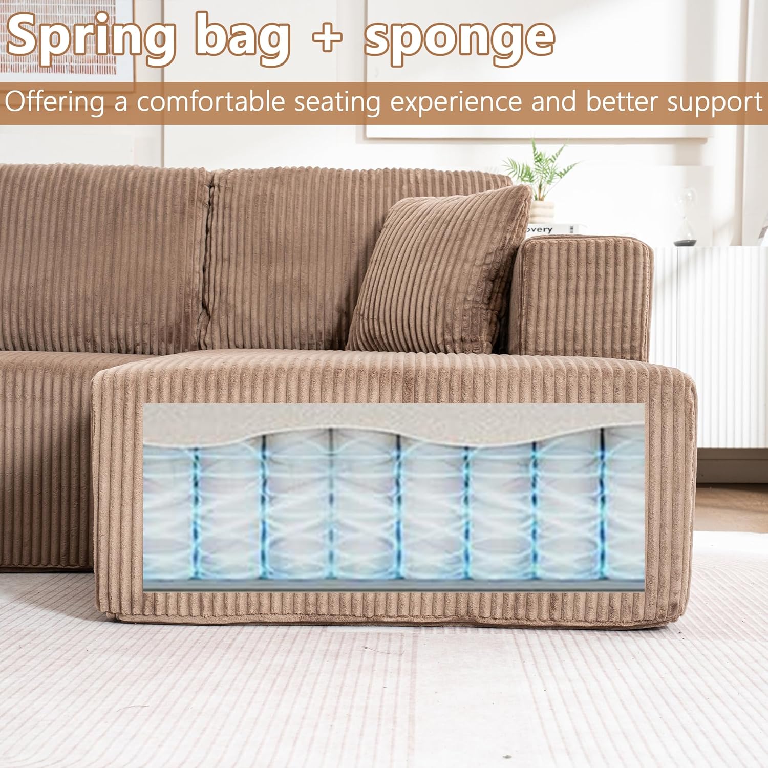 130" Oversized Cloud Boneless Sofa Couch with Chaise, Modern Corduroy U Shaped Modular Sectional Sofa with Deep Seat, No Assembly Required (Foam + White + Corduroy + 3 Seat)