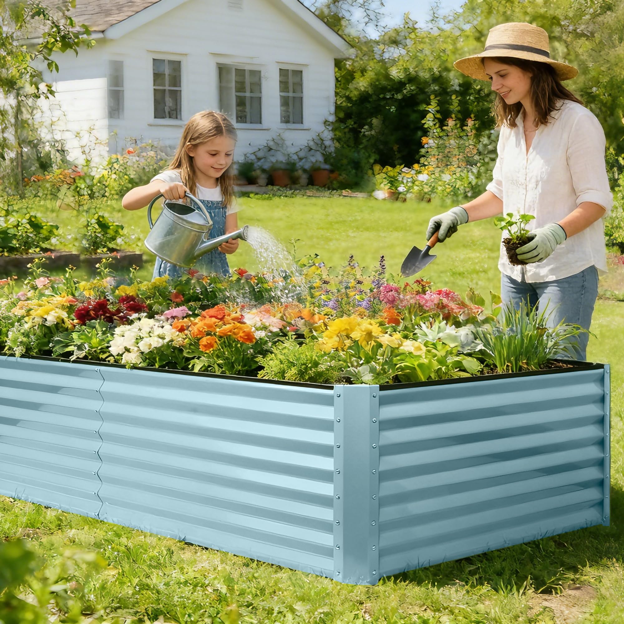 8×4×2 FT Galvanized Planter Box, Raised Garden Bed, Outdoor Above Ground Planter Extra Large Garden Box Kits for Vegetables, Flowers, Herbs (White)