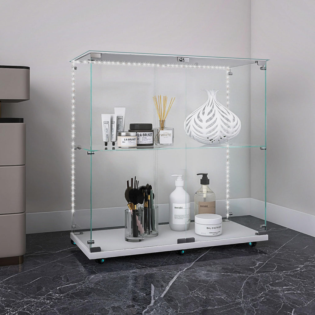 2-Tier Glass Display Case with Lights,2 Doors Curio Cabinets with Lock,Glass Display Cabine with Universal Wheel for Living Room, Office (Black)