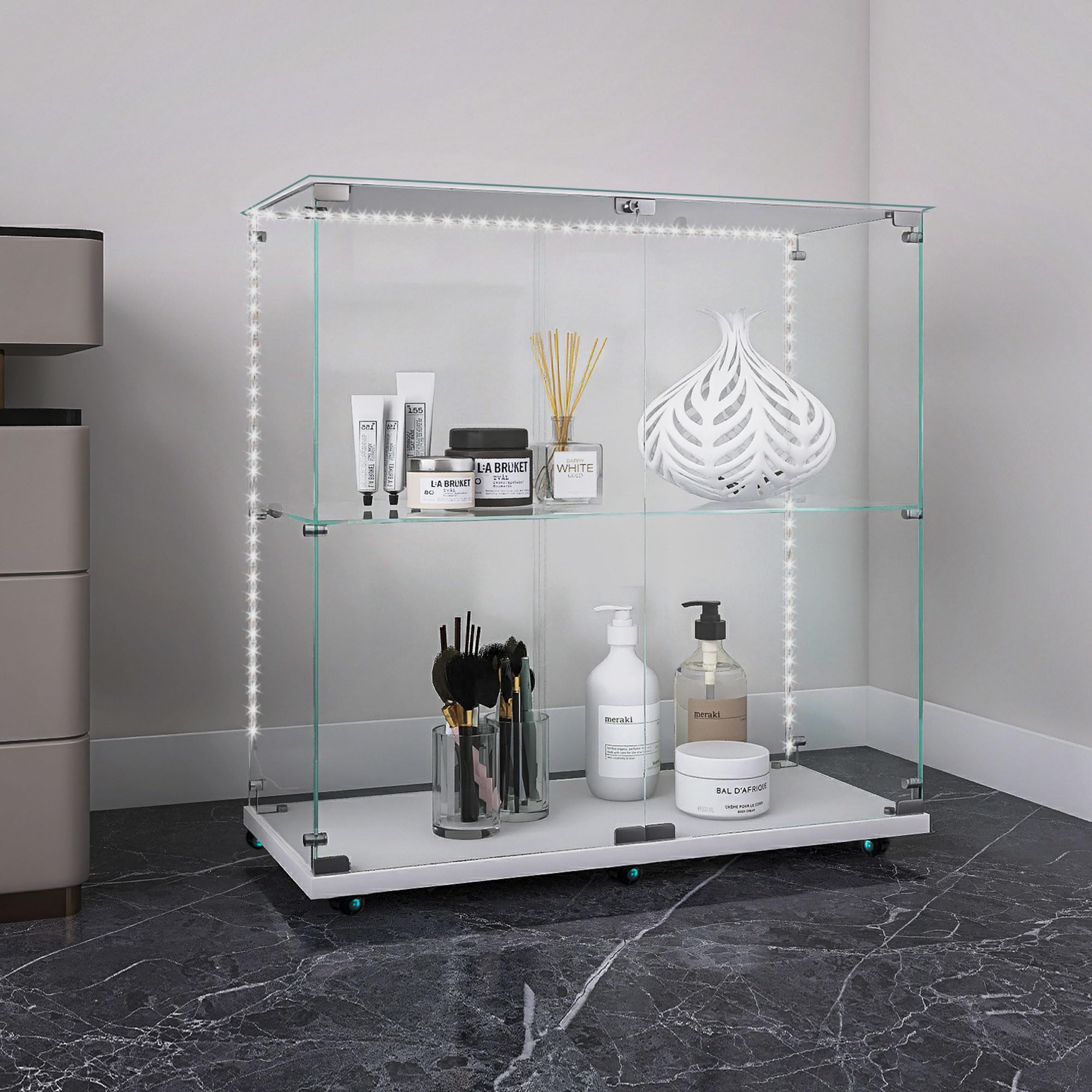 2-Tier Glass Display Case with Lights,2 Doors Curio Cabinets with Lock,Glass Display Cabine with Universal Wheel for Living Room, Office (Black)