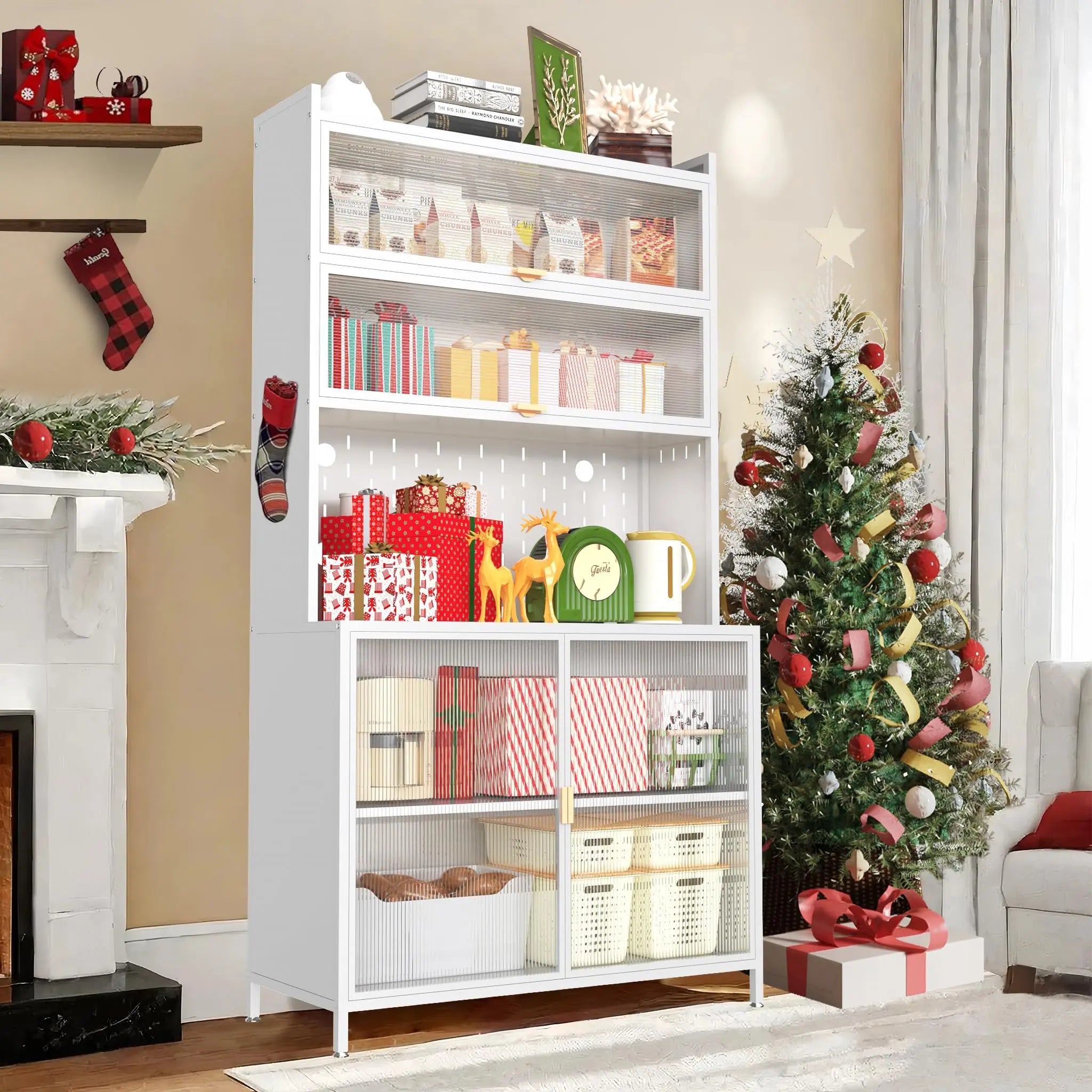 73'' Tall Kitchen Pantry Cabinet, 6 Level Flip Door with Pegboard Metal Pantry Storage Cabinet, Anti-Tip Design Hutch for Kitchen, Dining Room, Living Room,Grey QIHAI